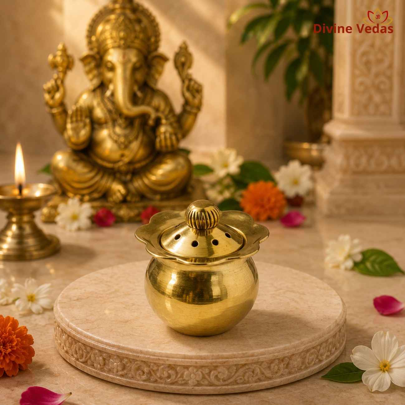 Brass Kalash Incense Pot | Lidded Dhoop Dani & Incense Burner for Pooja | Divine Vedas
