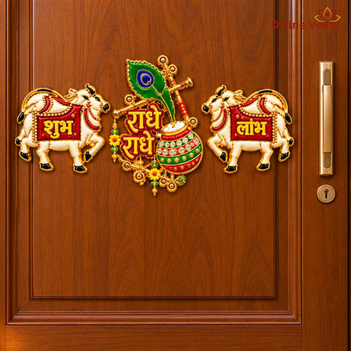 Shubh Labh Cow Door Sticker with Kalash & Peacock Feather – Gau Mata Auspicious Sticker for Home, Mandir & Shop