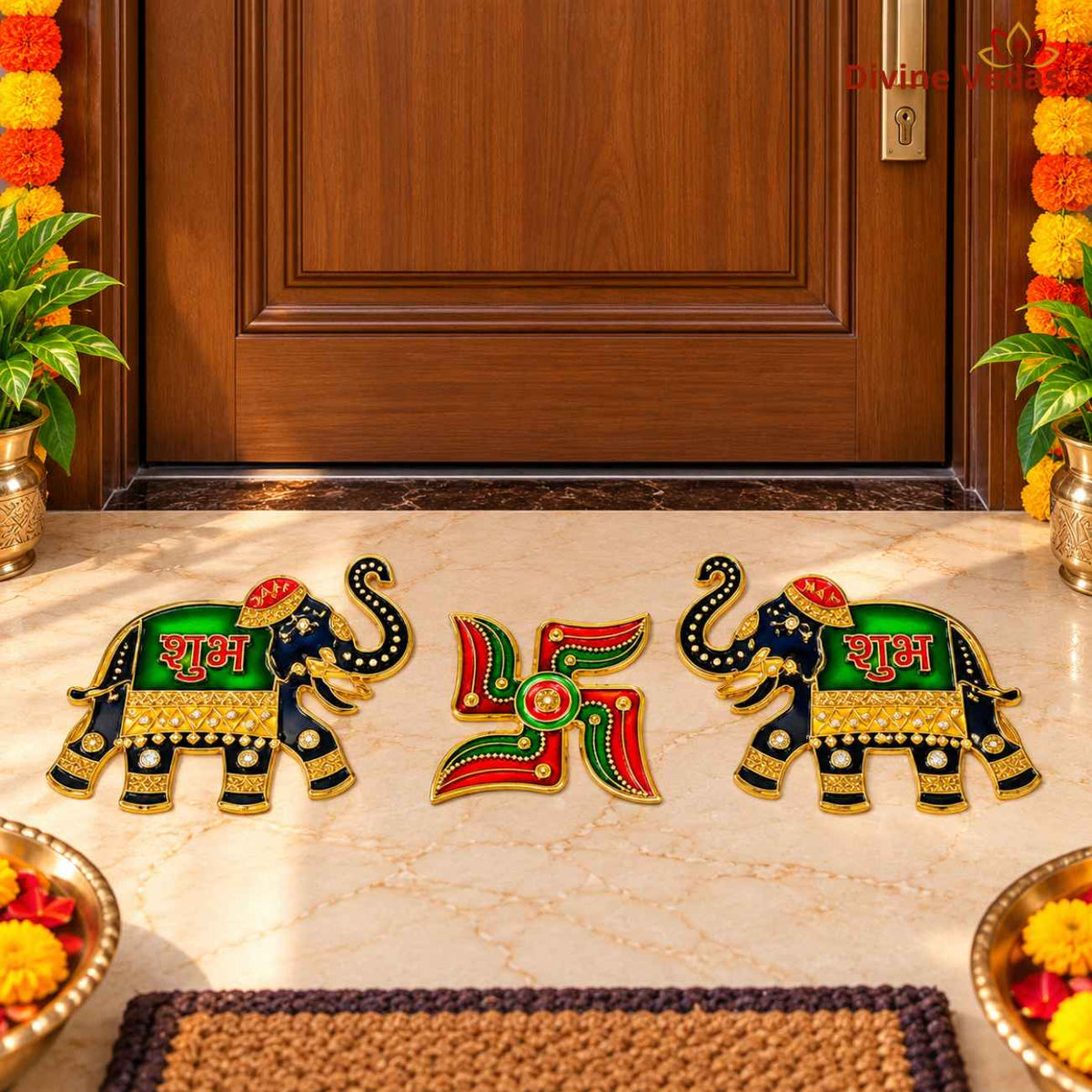 Elephant Shubh Labh Swastik Door Sticker Set | Auspicious Main Door Sticker for Home, Mandir & Shop – 3 Pcs