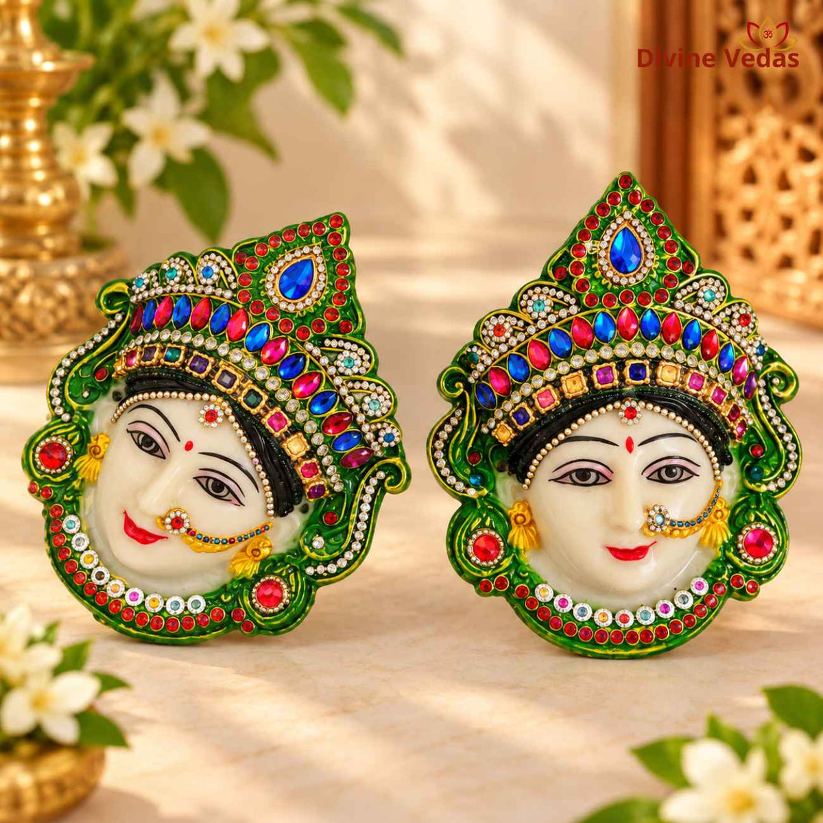 Decorative Devi Face Idol Set with Golden Mukut & Stone Work for Home Mandir, Pooja & Temple Decoration – Pack of 2,4