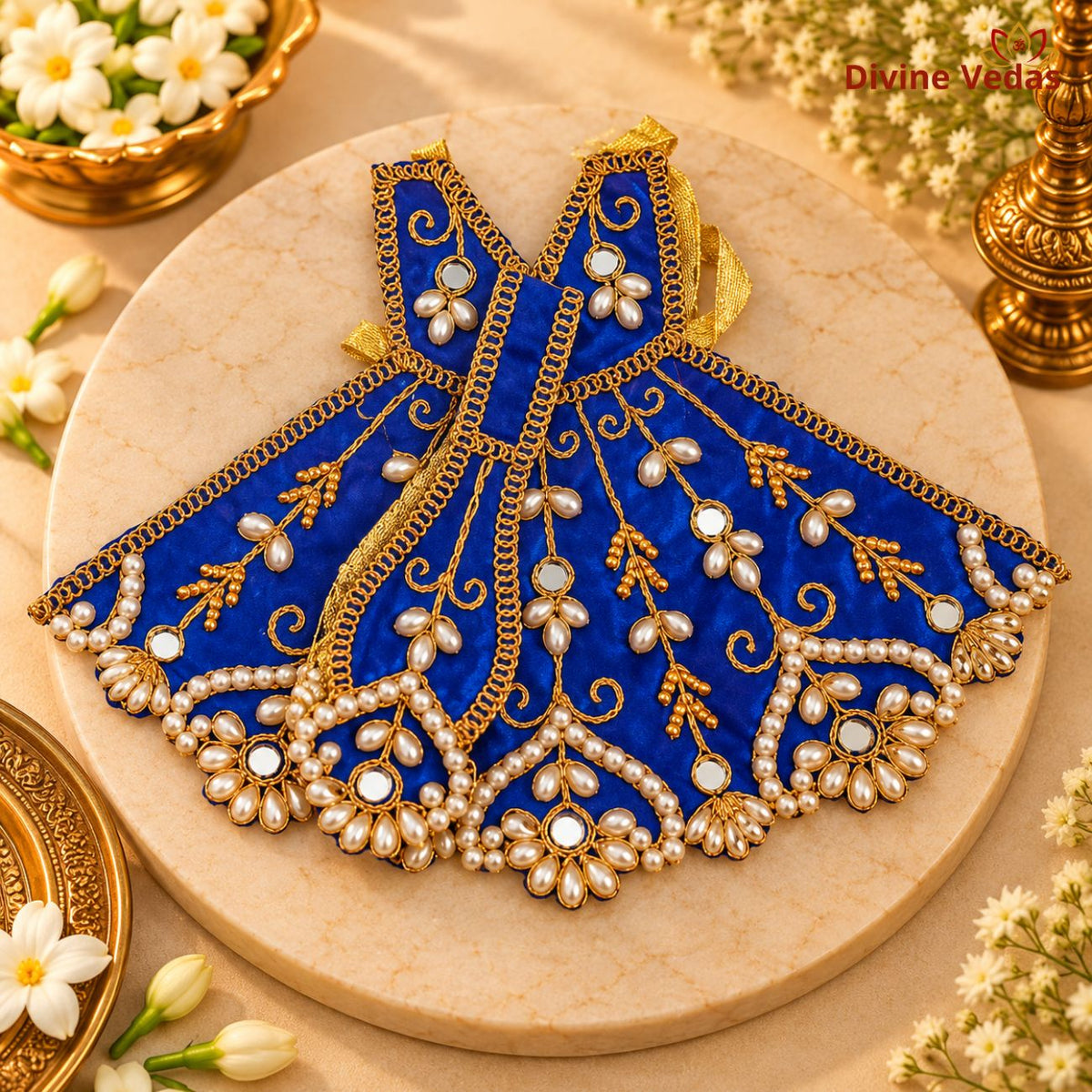 Premium Blue Laddu Gopal Dress with Golden Lace, Pearl & Kundan Work | Designer Kanha Ji Poshak for Pooja & Festivals