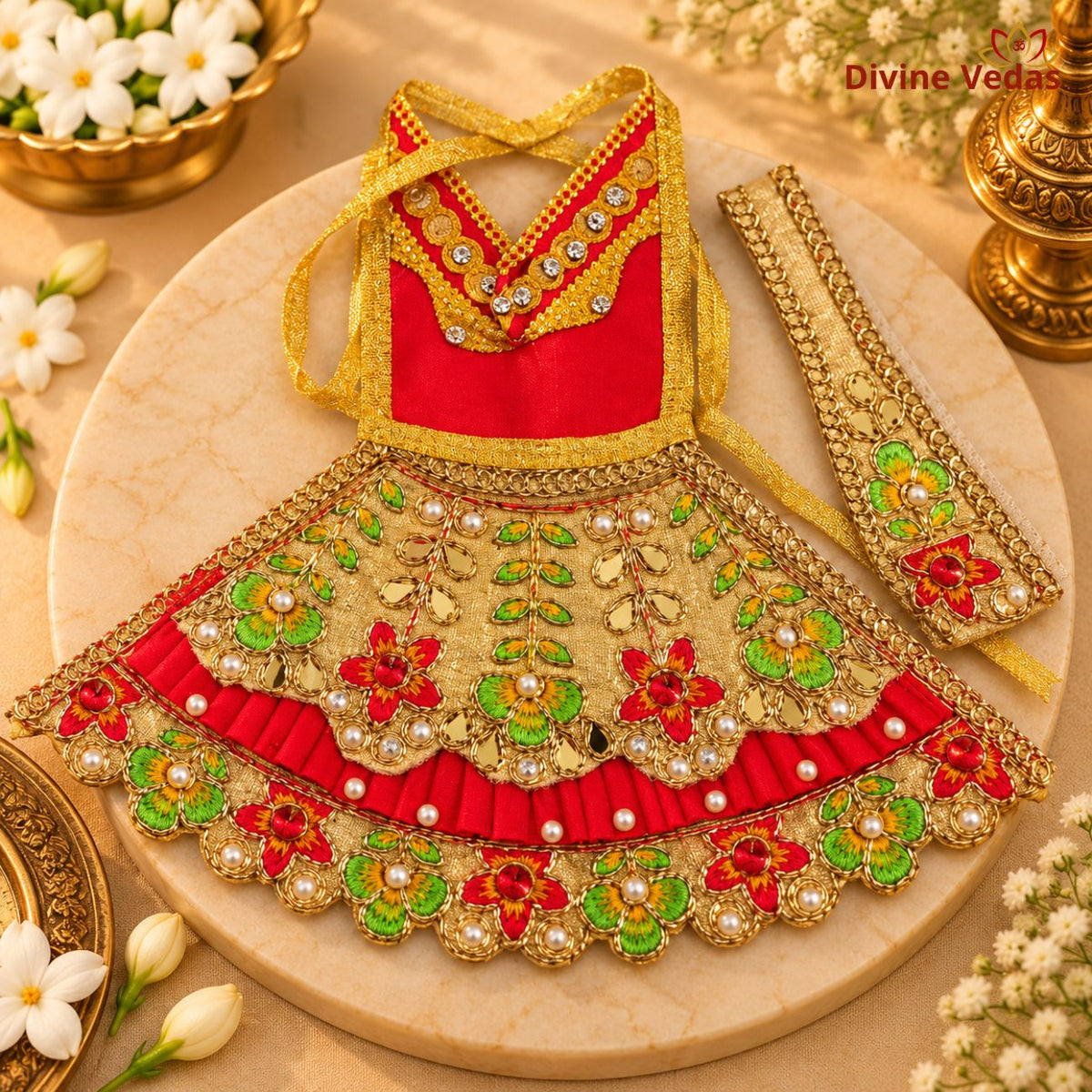 Premium Red & Golden Devi Mata Dress with Floral Embroidery, Pearl & Stone Work | Designer Mata Rani Poshak for Pooja & Festivals