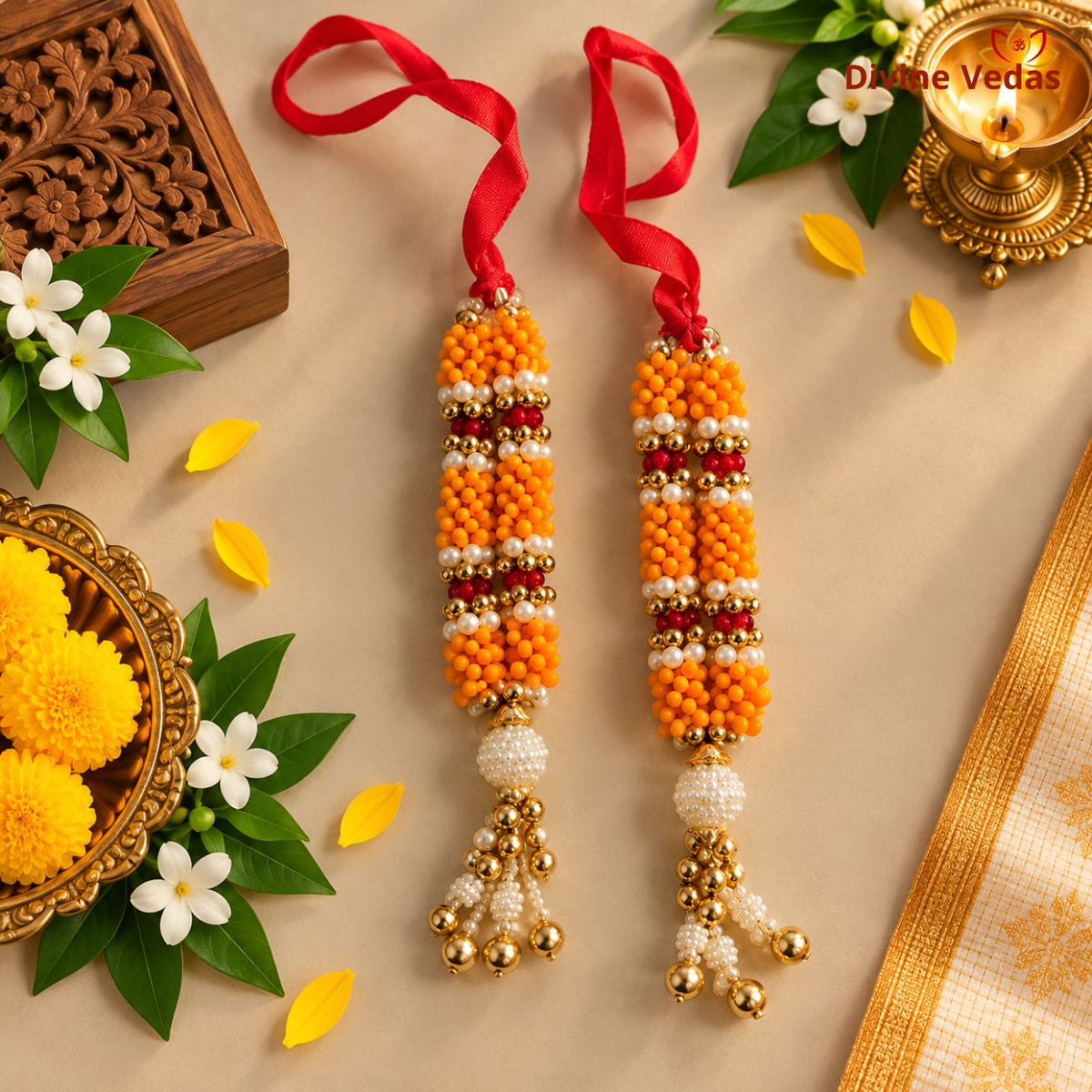 Product: Premium Orange, Red, White & Golden Artificial Beads Garland Mala for God Idols, Pooja & Festivals