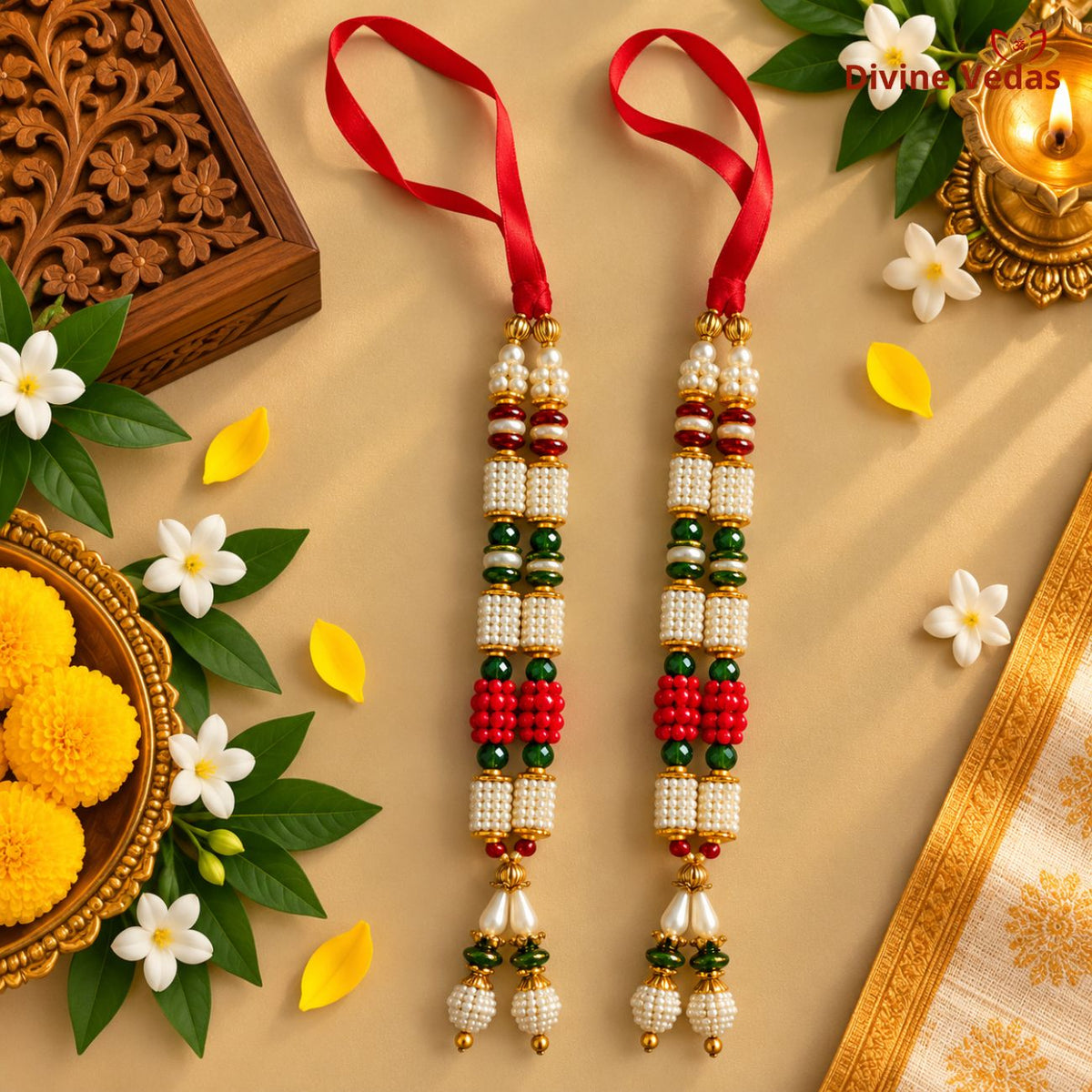 Premium White, Red & Green Pearl Beads Garland Mala for God Idols | Decorative Artificial Moti Mala for Pooja, Mandir & Festivals