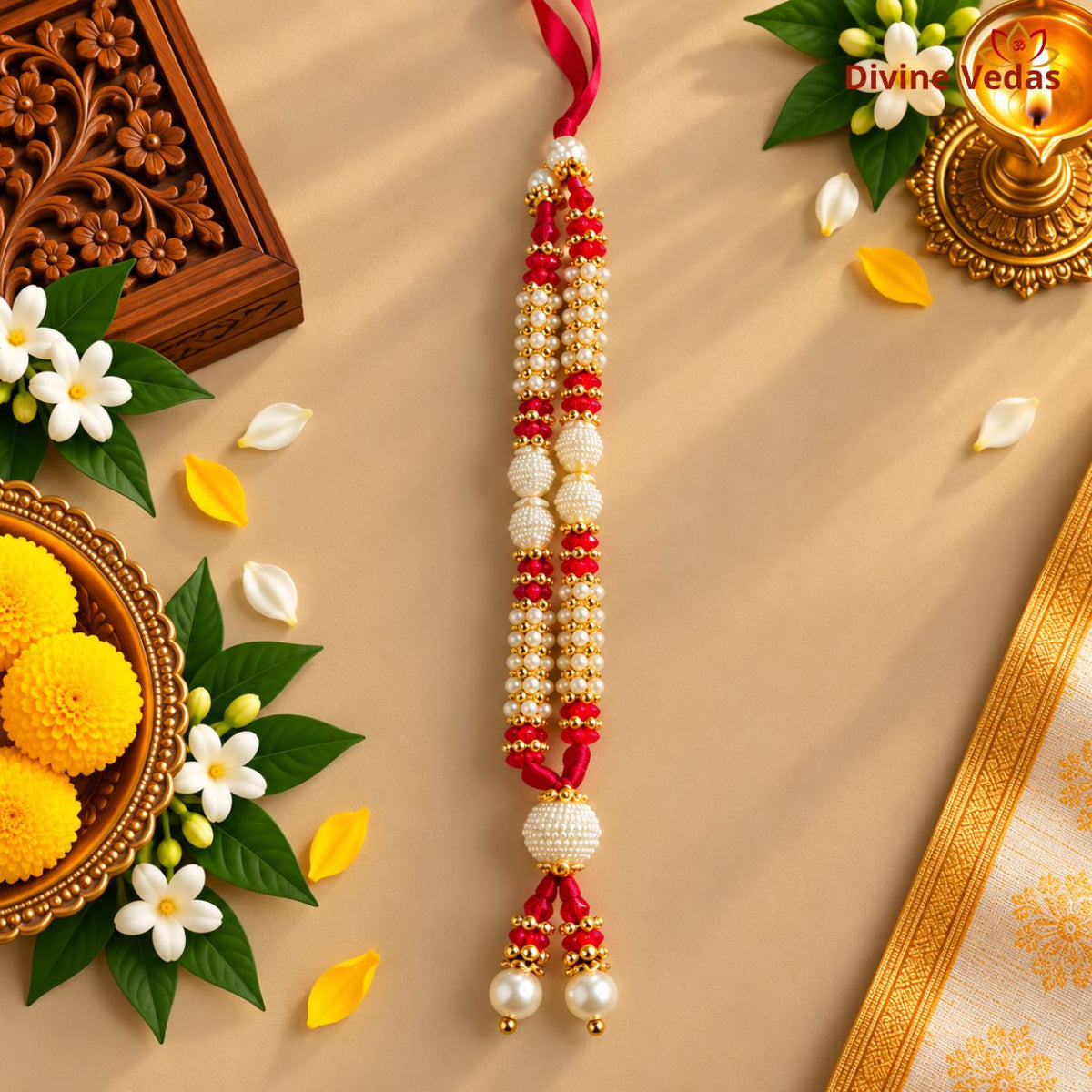 White & Red Pearl Garland Mala for God Idols | Decorative Moti Mala for Pooja, Mandir & Festivals