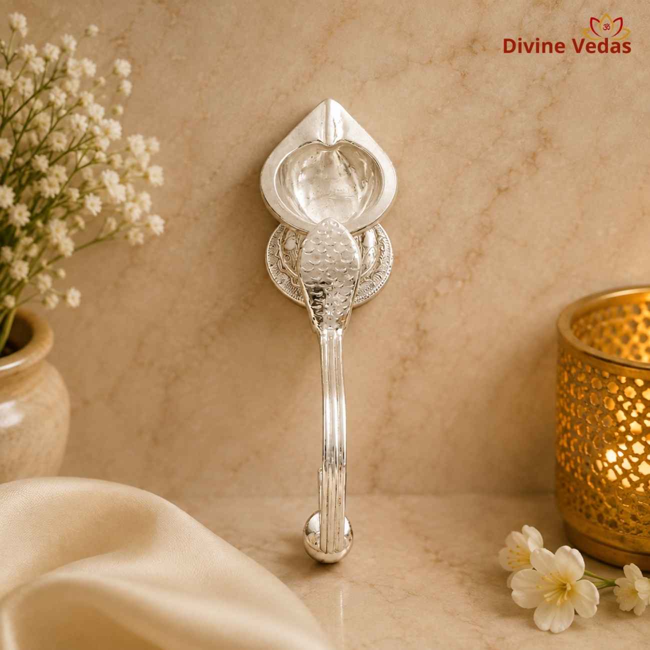Silver Aarti Diya 26g | Chandi Aarti Deepak for Pooja & Mandir | Divine Vedas