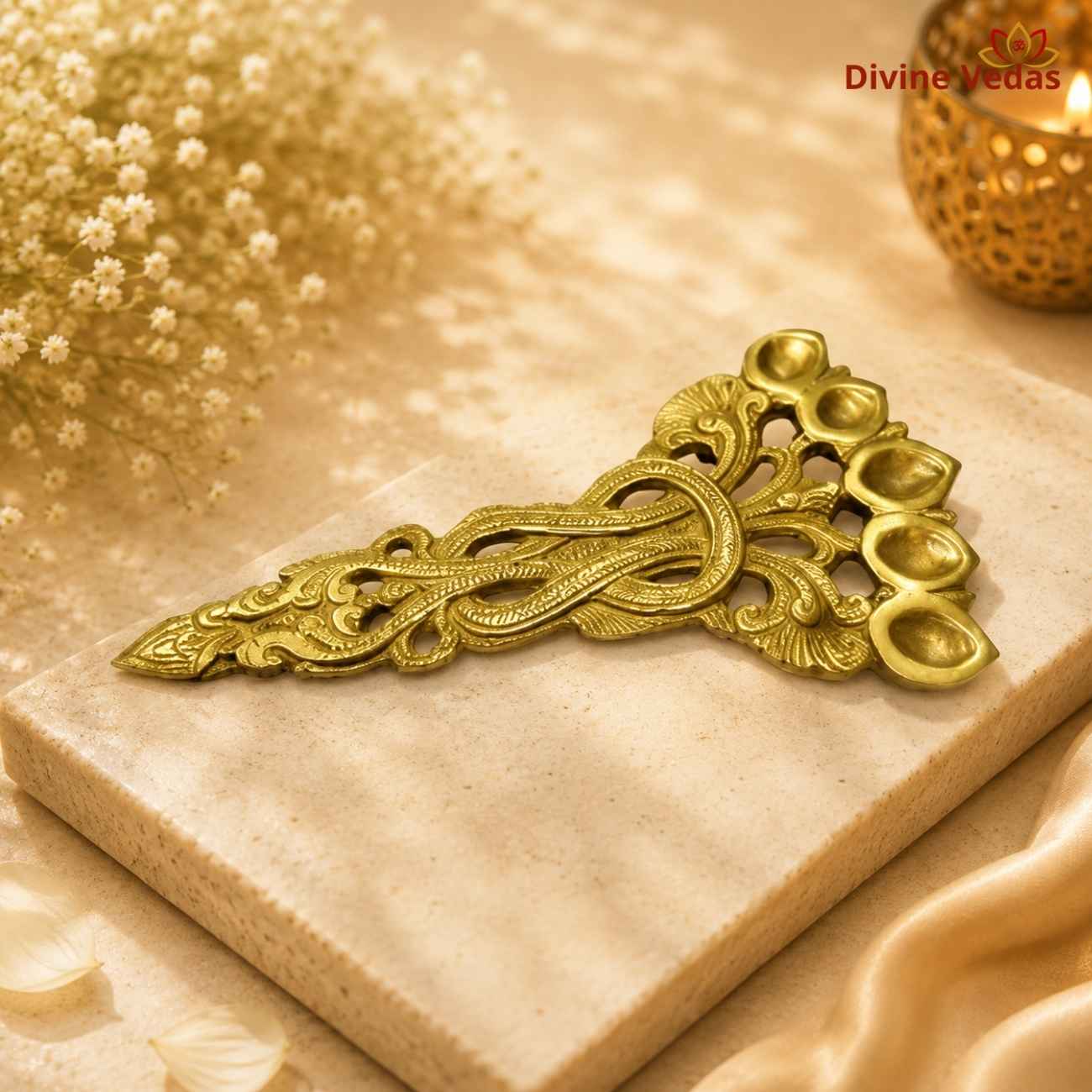 Antique Brass Panch Aarti Diya | Traditional 5 Wick Pooja Deepak | Divine Vedas