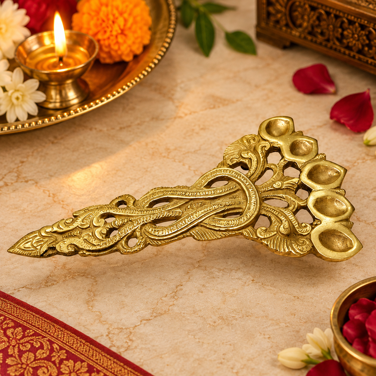Antique Brass Panch Aarti Diya for Pooja & Temple | Divine Vedas
