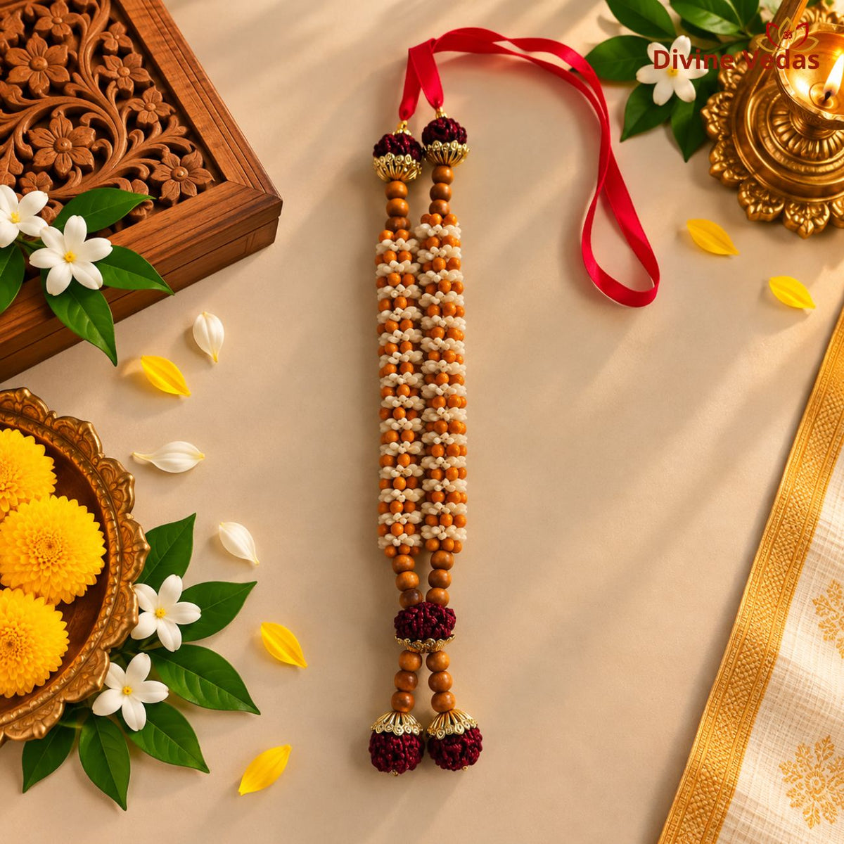 Artificial Flower Mala for Photo Frames | Decorative Beaded Garland for God Photos, Home Mandir & Pooja Decoration