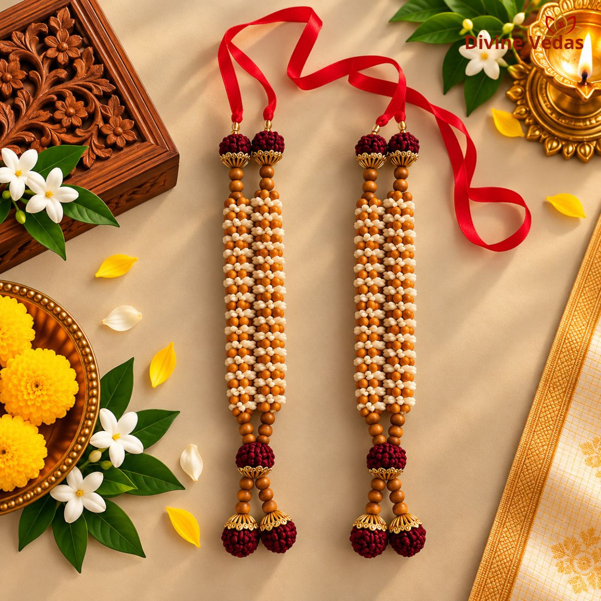 Artificial Flower Mala for Photo Frames | Decorative Beaded Garland for God Photos, Home Mandir & Pooja Decoration