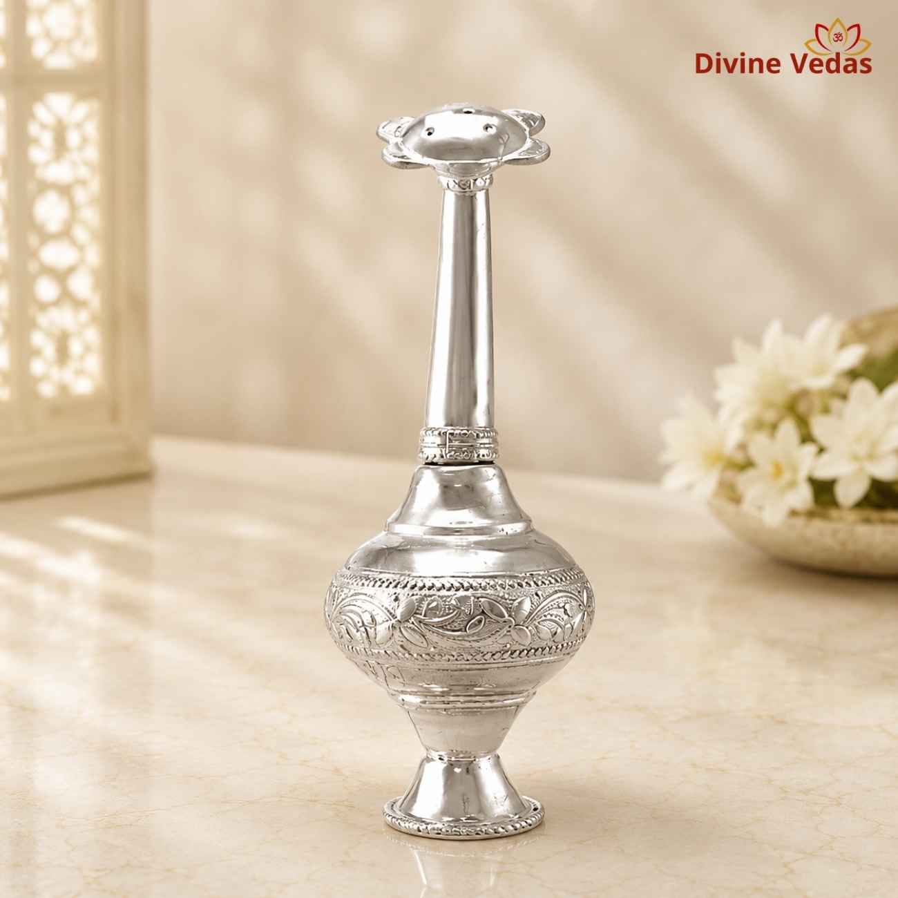 Silver Attardani for Attar & Perfume | Traditional Chandi Ittar Container | Divine Vedas