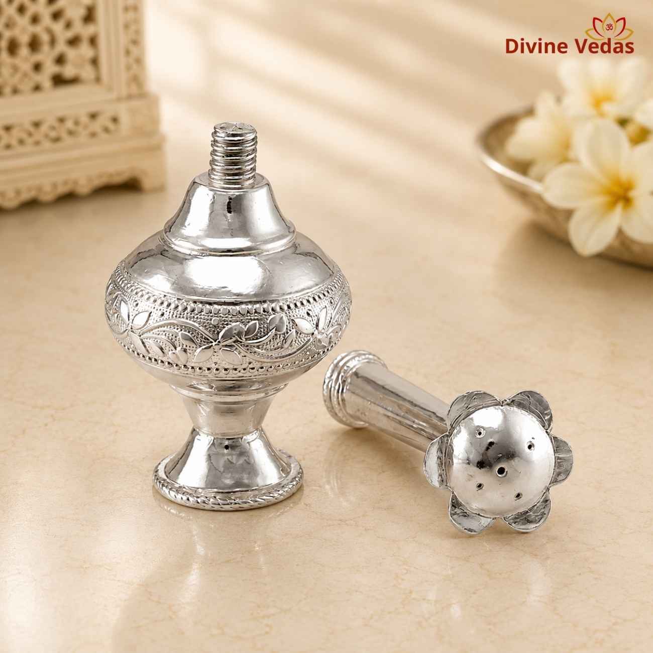Silver Attardani for Attar & Perfume | Traditional Chandi Ittar Container | Divine Vedas