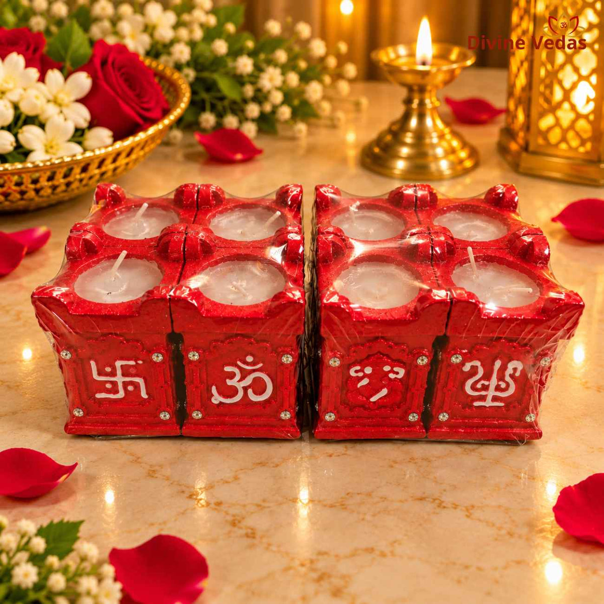 Square Wax Filled Pooja Diya Set with Swastik, Om, Ganesh & Trishul – Decorative Diwali Diyas