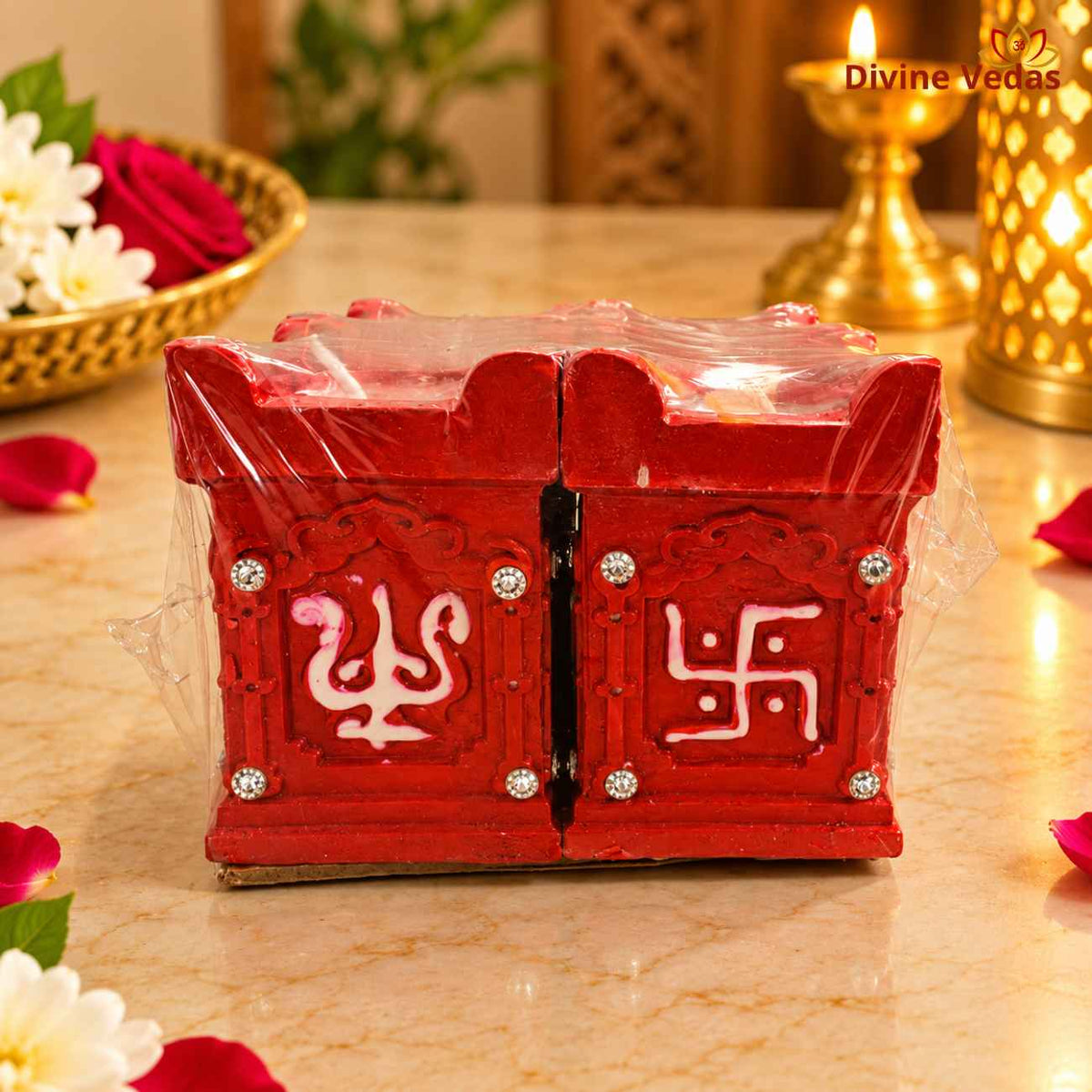 Square Wax Filled Pooja Diya Set with Swastik, Om, Ganesh & Trishul – Decorative Diwali Diyas