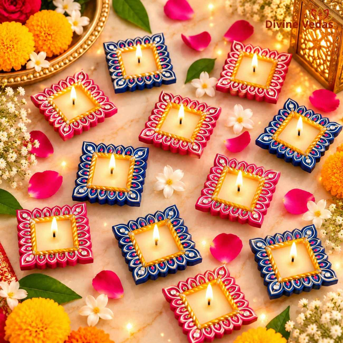 Big Size Square Wax Diya for Diwali & Pooja – Hand Painted Multicolor Decorative Diya
