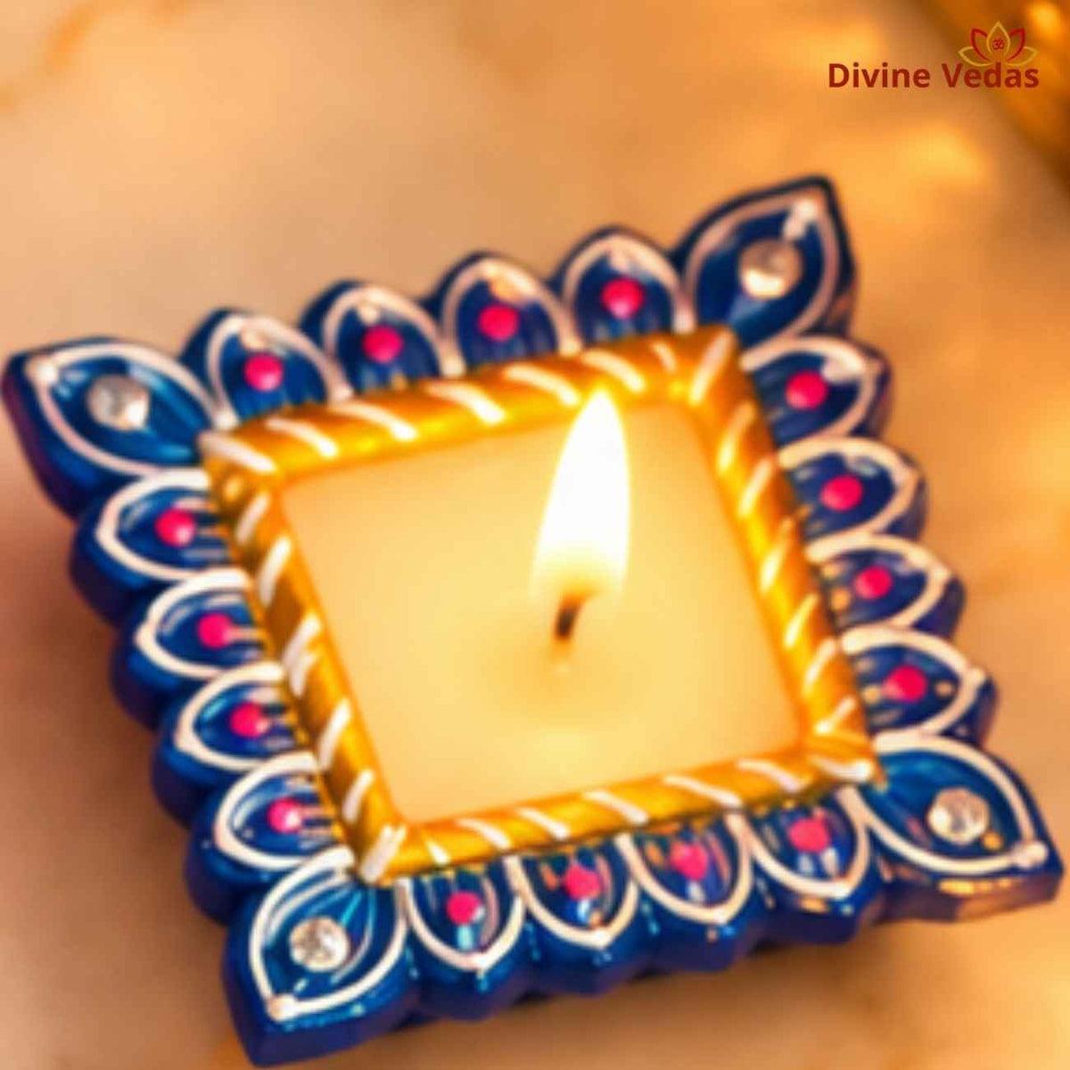 Big Size Square Wax Diya for Diwali & Pooja – Hand Painted Multicolor Decorative Diya