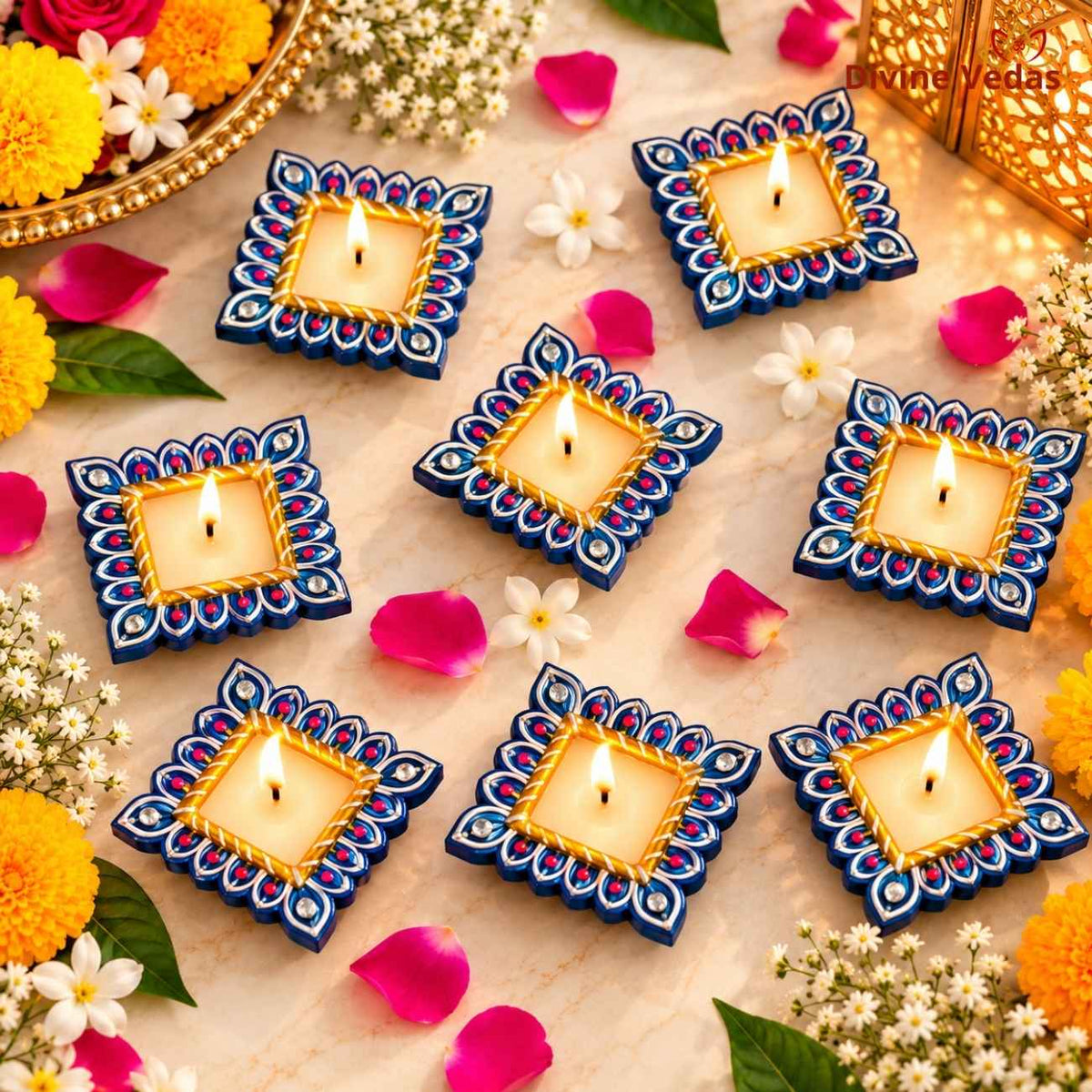 Big Size Square Wax Diya for Diwali & Pooja – Hand Painted Multicolor Decorative Diya