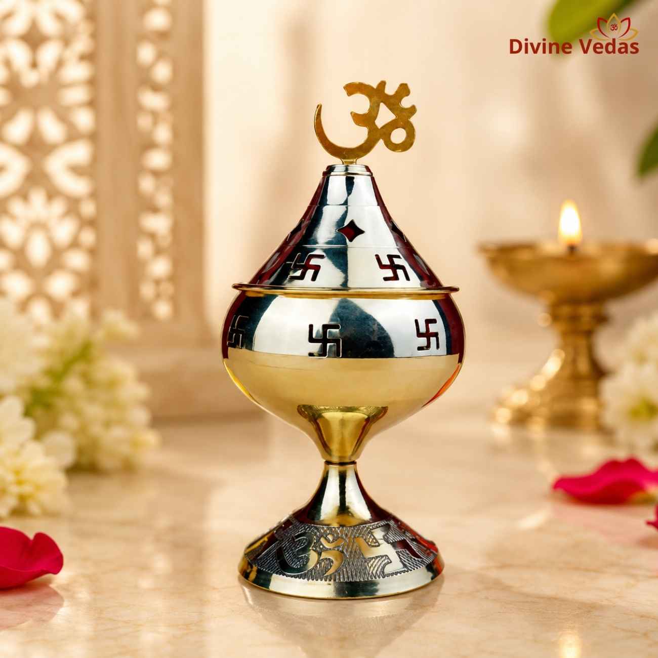 Brass Vilakku Swastik OM Amar Jyot Diya Oil Lamp for Pooja | Divine Vedas