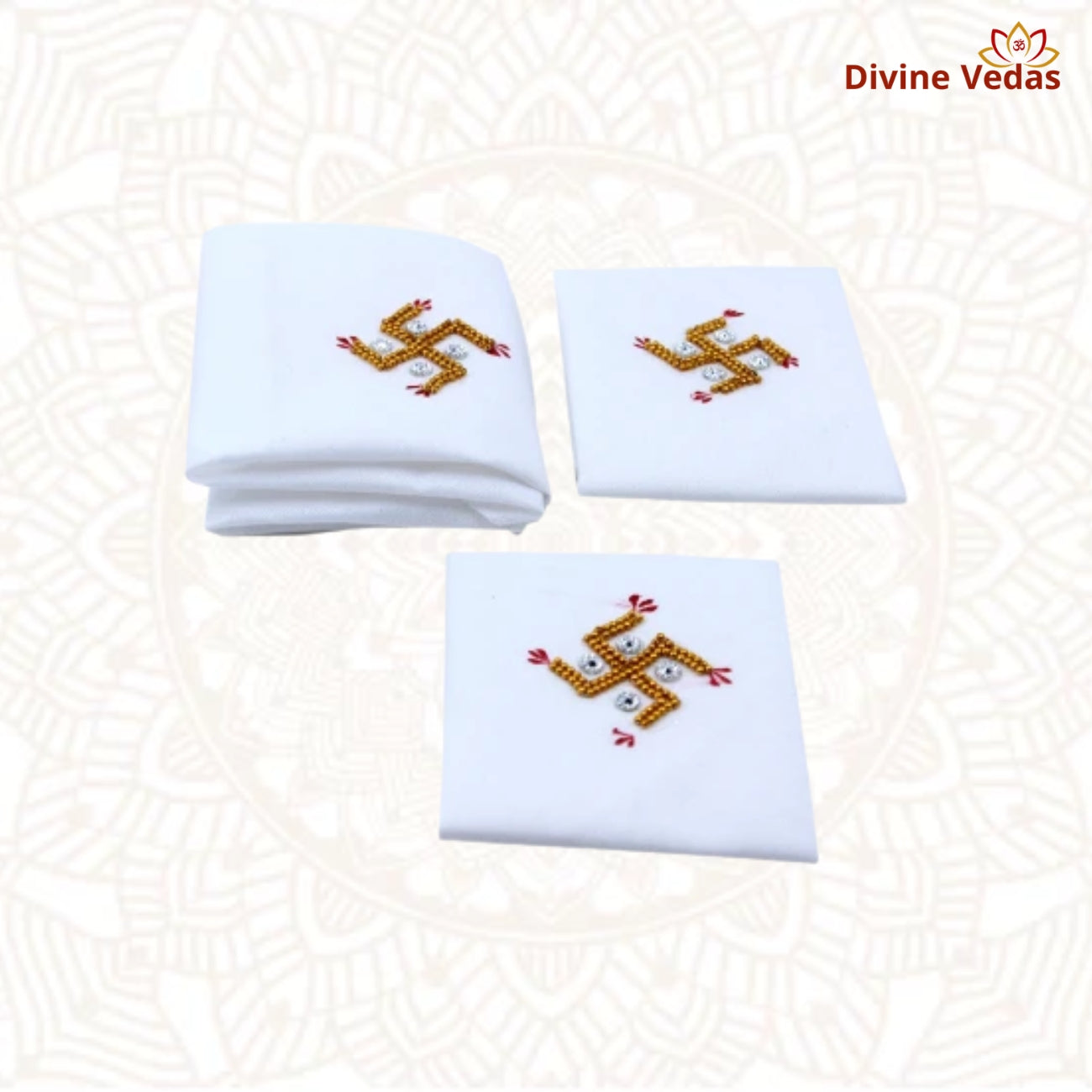 Decorative Swastik Design Handkerchief with Beads and Stones – Premium Pooja Decor Cloth