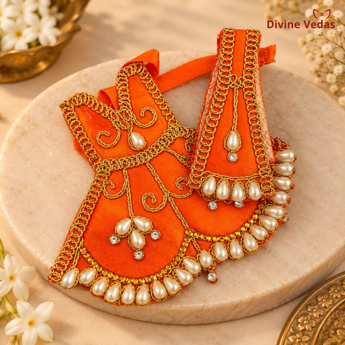 Devi Mata Dress Poshak Set with Pearl & Golden Lace Work | Designer Mata Rani Shringar Dress for Idol & Home Mandir Pooja