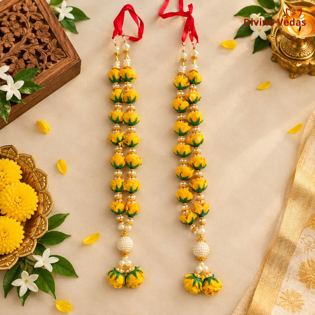 Yellow Artificial Flower Garland for God Idols | Handmade Pooja Mala with Pearl Beads for Mandir, Deity Shringar & Festivals
