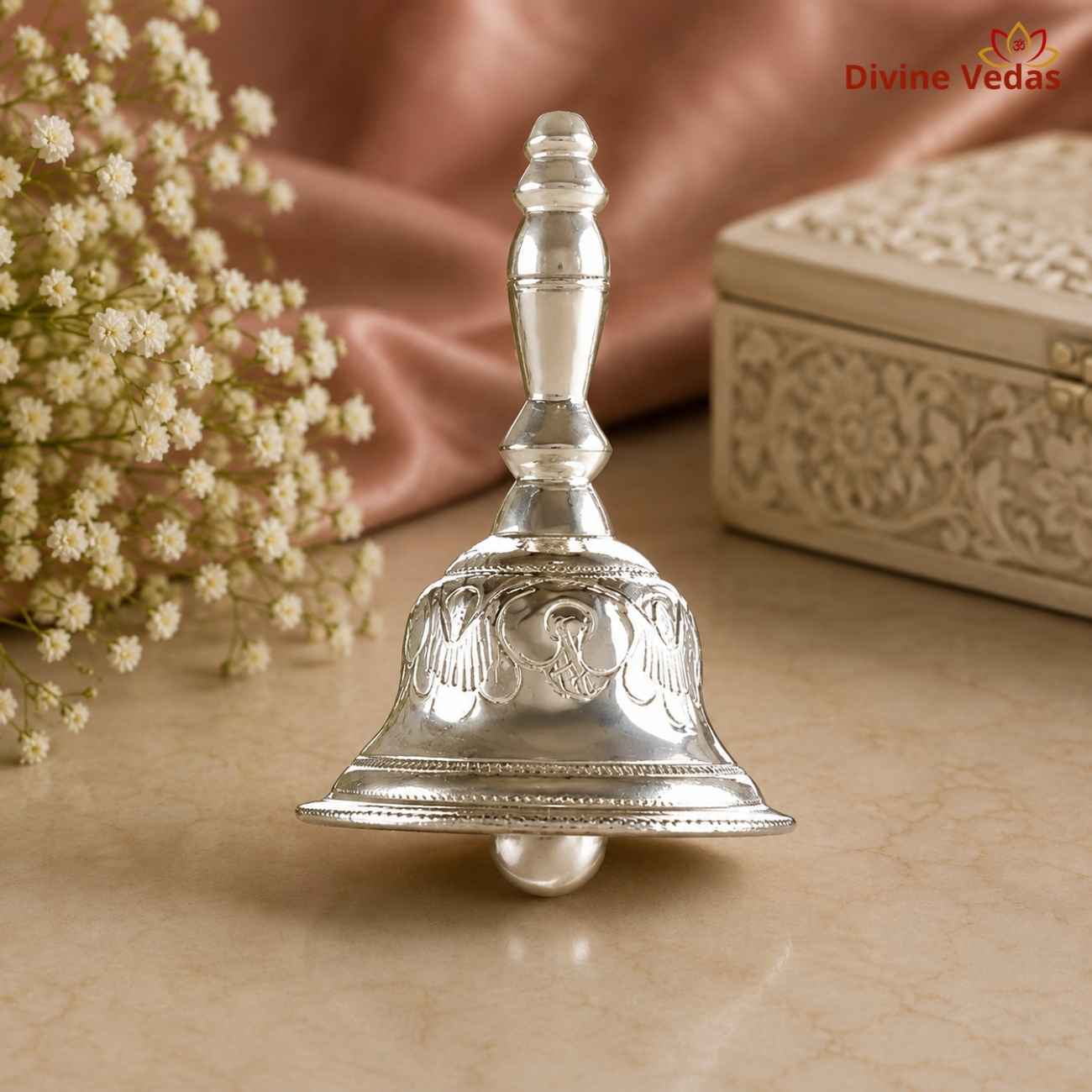 Silver Ghanti Hand Bell 28g | Chandi Pooja Bell for Mandir & Aarti | Divine Vedas