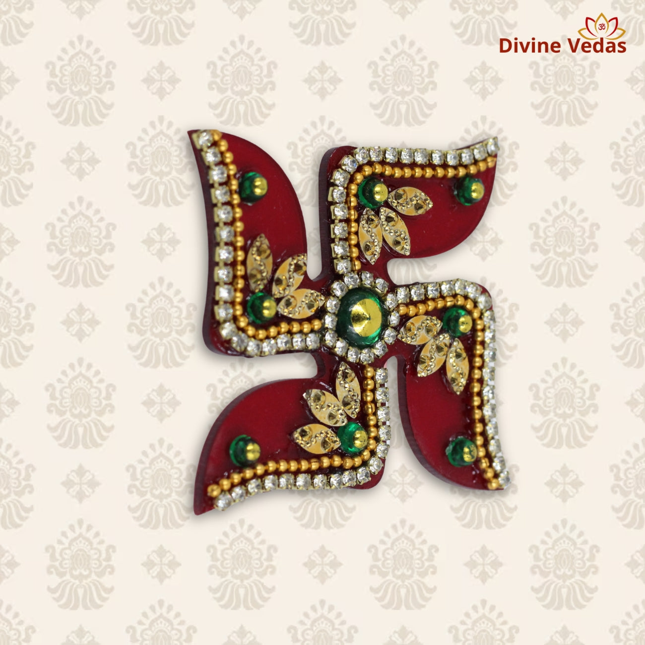 Jeweled Red Swastik Symbol with Stone Work for Door Wall – Premium Decor