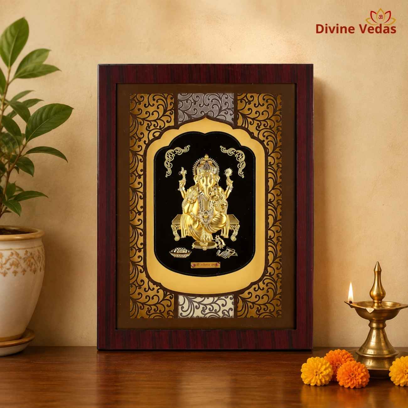 Lord Ganesha Desktop Frame | 24K Pure Swiss Gold Touch Ganpati Frame | Divine Vedas