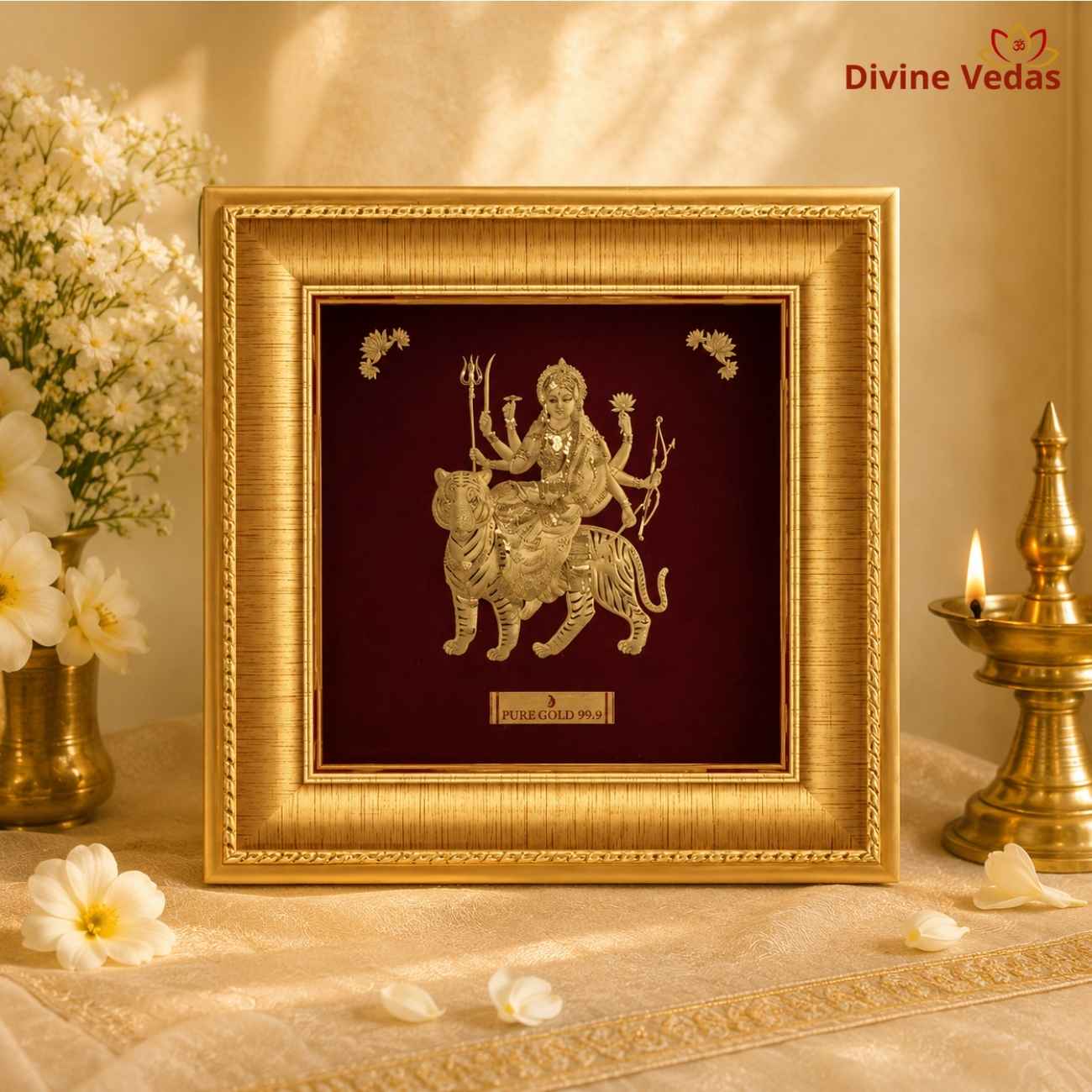 Maa Durga Devi Desktop Frame | 24K Pure Swiss Gold Touch Durga Maa Frame | Divine Vedas