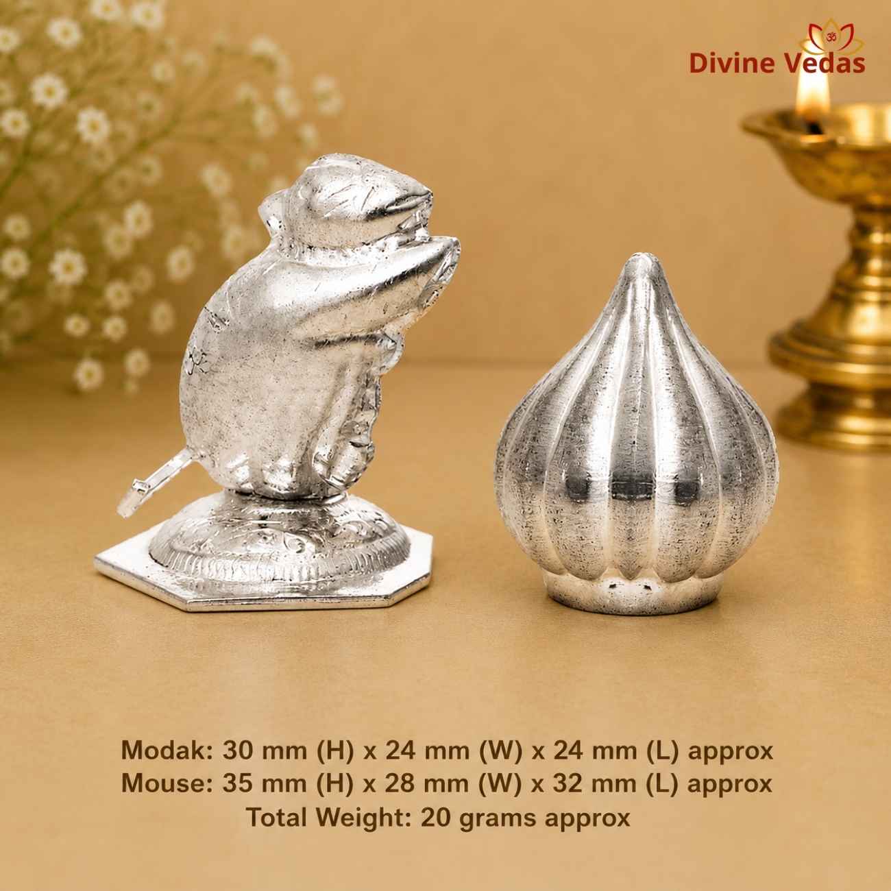Modak with Mushakraj in Silver 20g | Ganesh Pooja Silver Idol | Divine Vedas