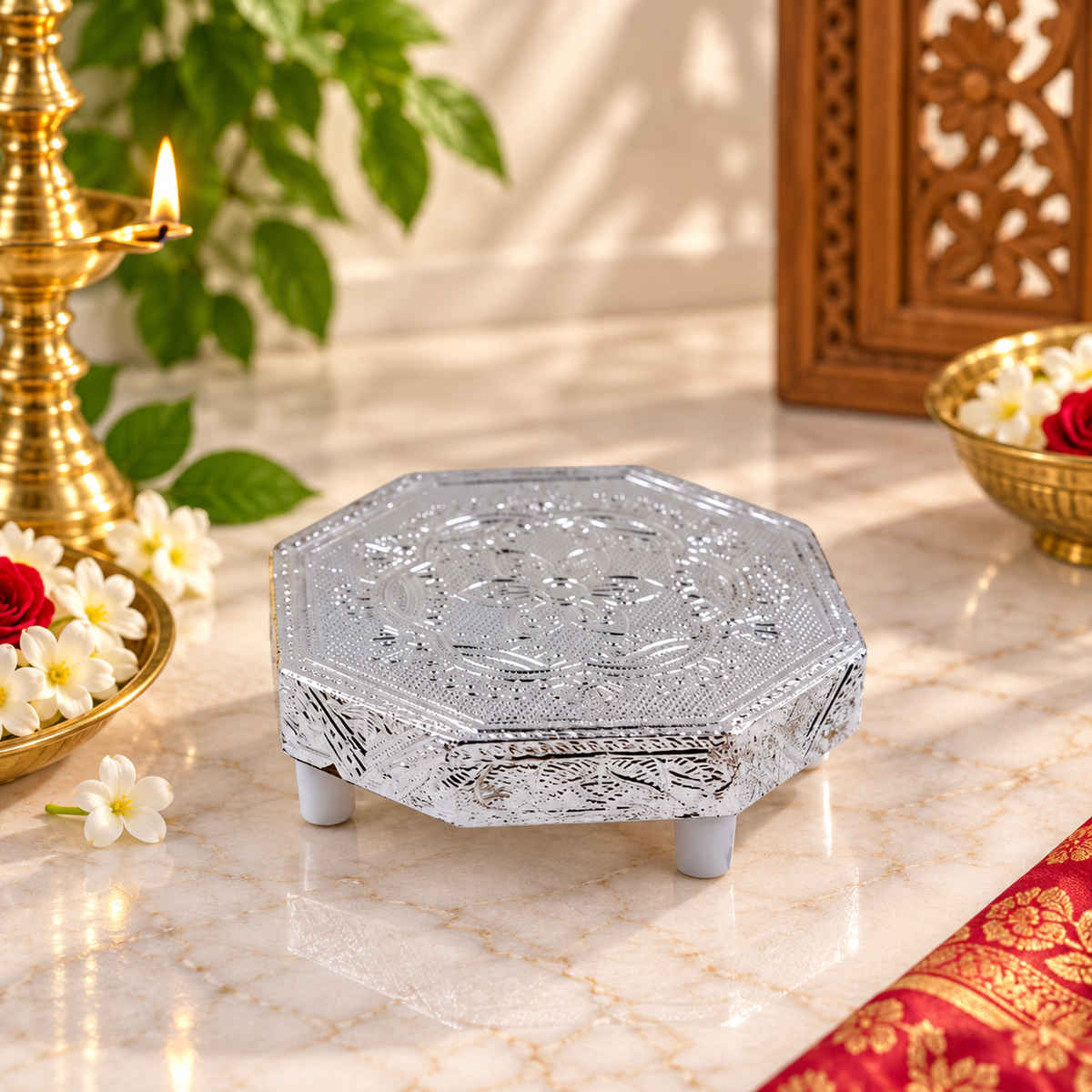 Octagonal Silver Chowki with Floral Design for Puja & Rituals | Divine Vedas