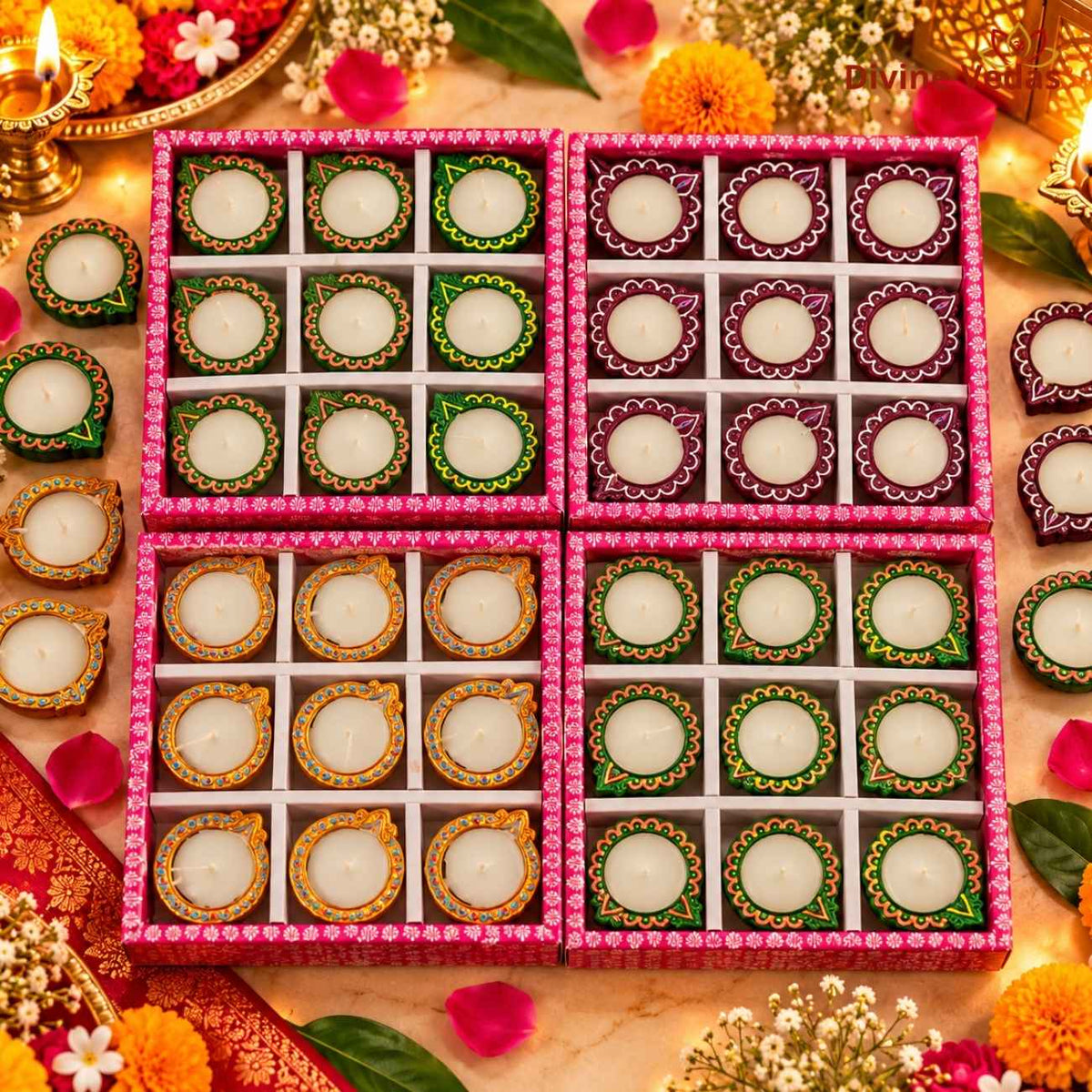 Decorative Wax Diya Gift Box – Hand Painted Multicolor Diya Set for Diwali, Pooja & Rangoli