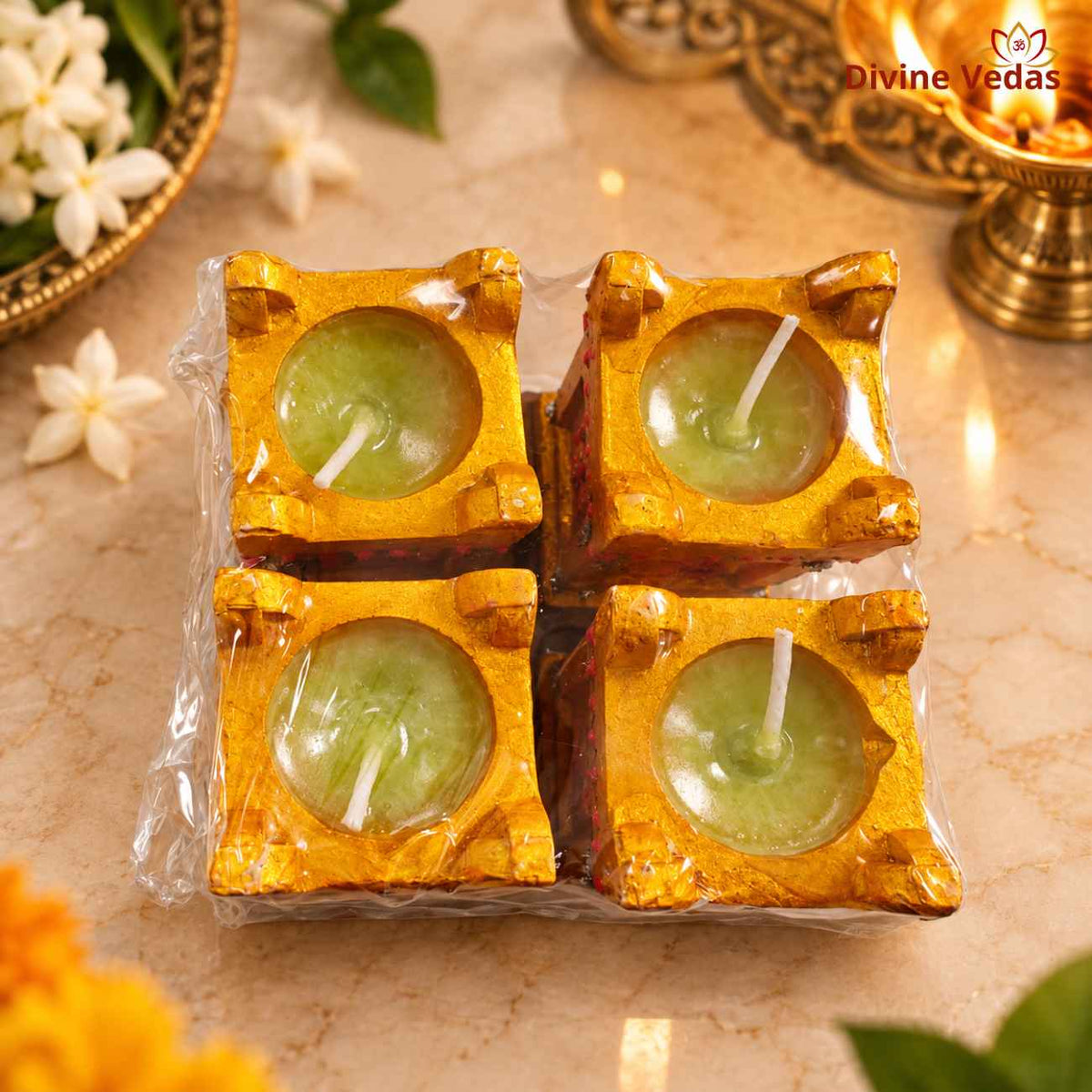 Small Tulsi Kyara Wax Diya Set – Decorative Square Diya for Diwali & Pooja | Pack of 4