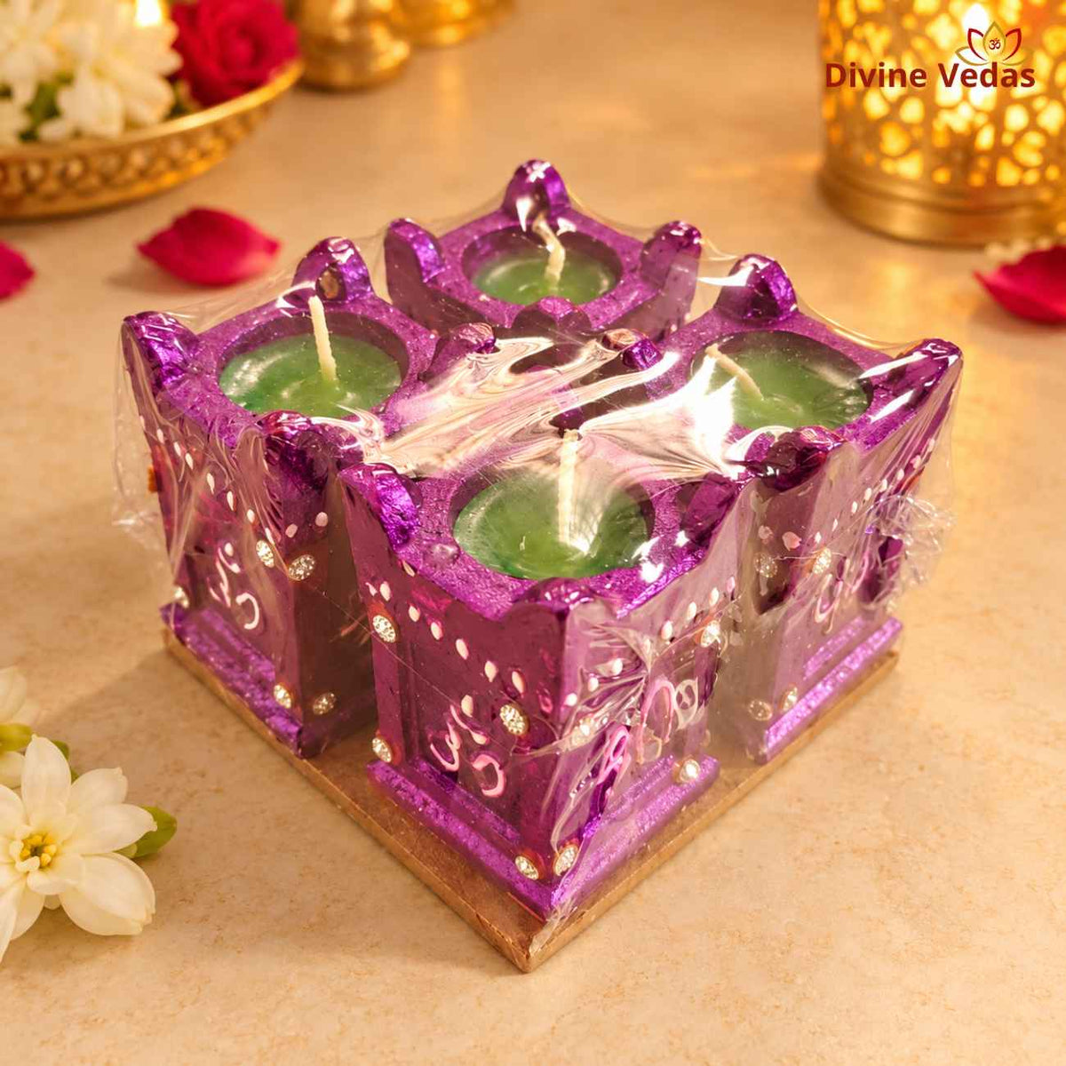 Small Tulsi Kyara Wax Diya Set – Decorative Square Diya for Diwali & Pooja | Pack of 4