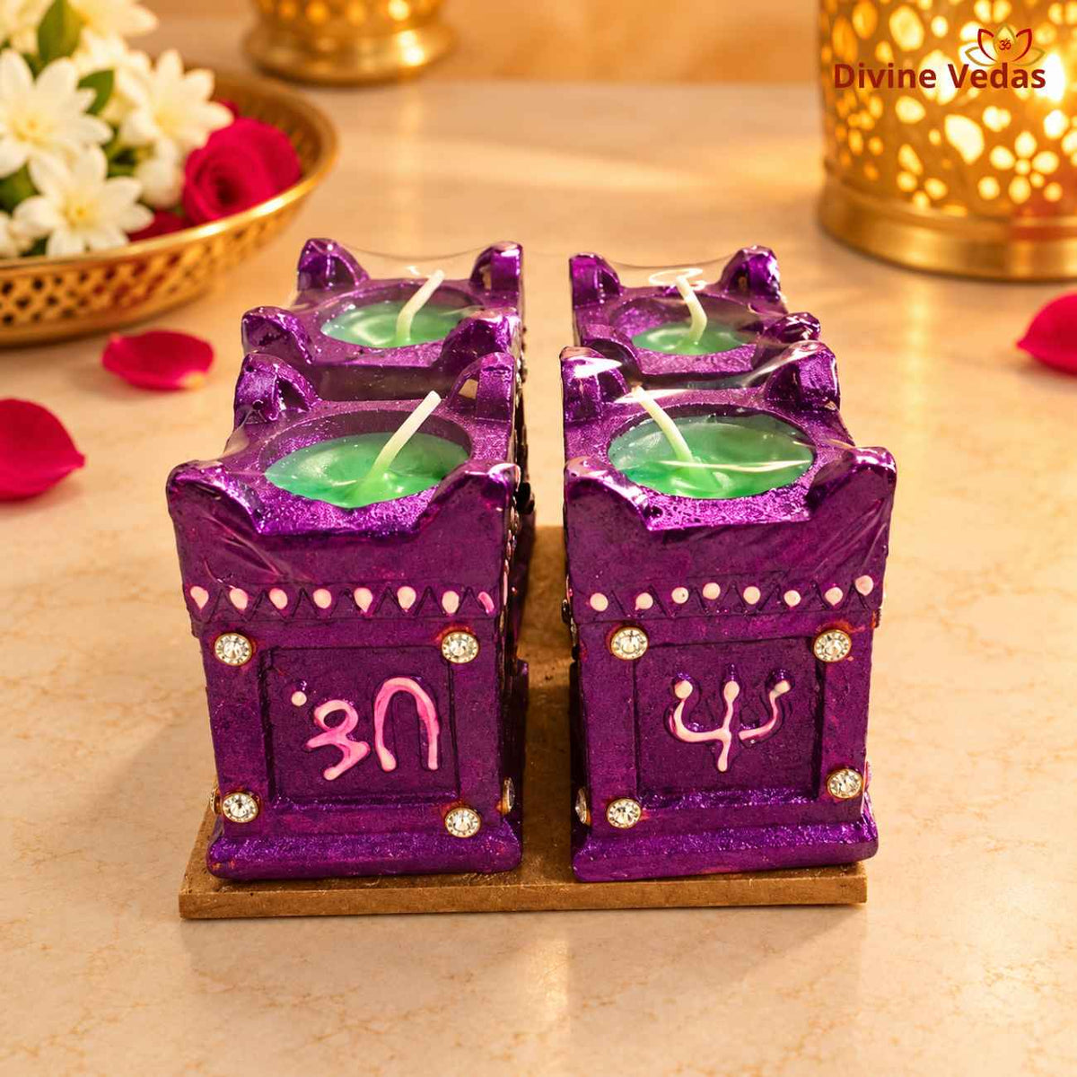 Small Tulsi Kyara Wax Diya Set – Decorative Square Diya for Diwali & Pooja | Pack of 4