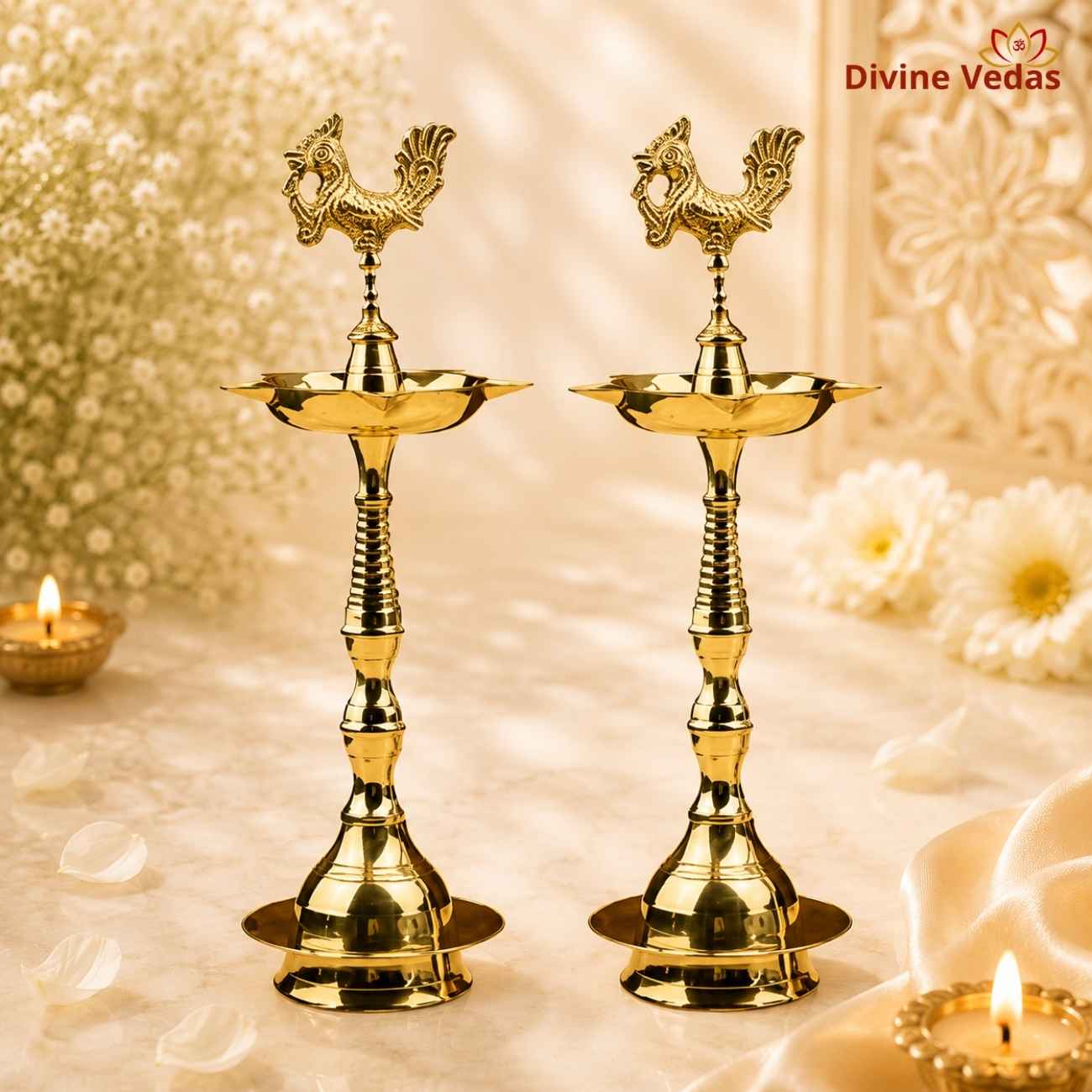 Peacock Brass Kuthu Vilakku Set | Tall Traditional Oil Lamps for Pooja | Divine Vedas