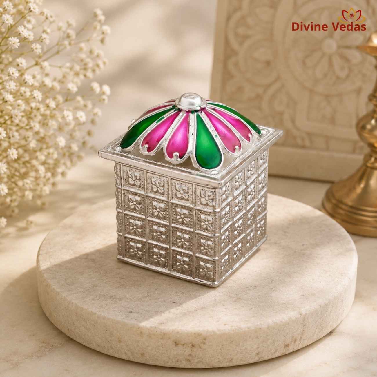 Pure Silver Flower Shape Meenakari Sindoor Kumkum Dibbi | Chandi Kumkum Box | Divine Vedas