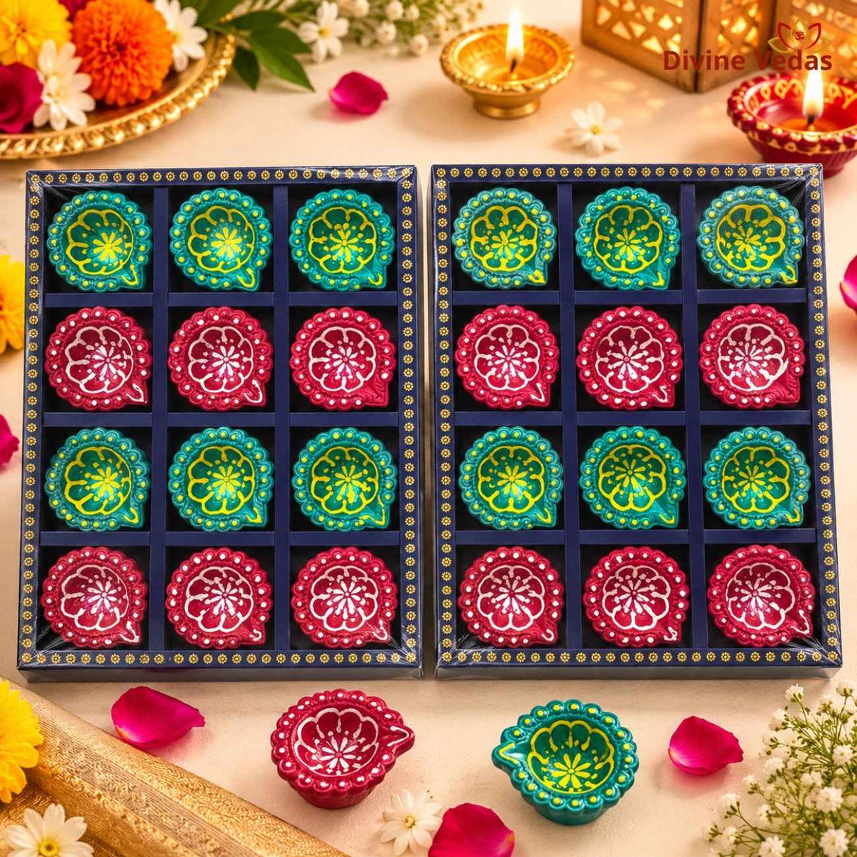 Round Floral Decorative Diya Set – Hand Painted Multicolor Diyas for Diwali, Pooja & Rangoli