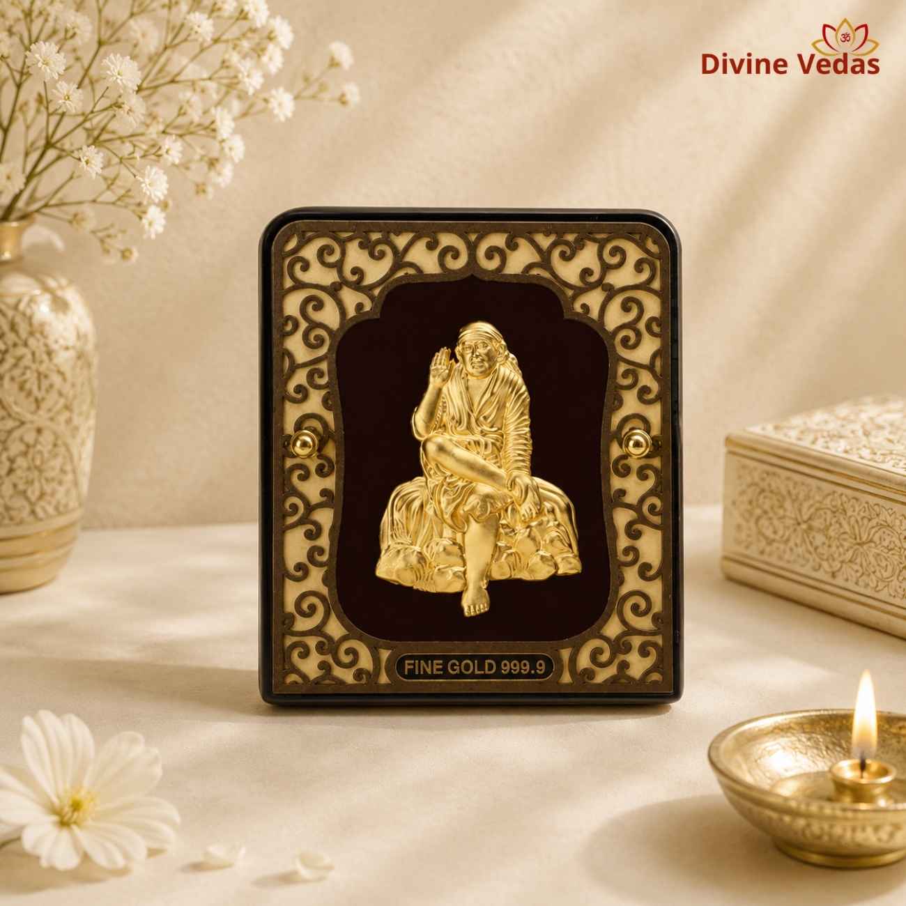 Shirdiwale Sai Baba Desktop Frame | 24K Pure Swiss Gold Touch Sai Frame | Divine Vedas