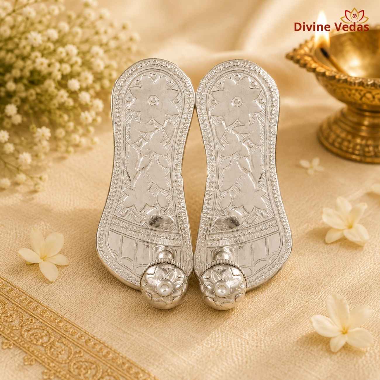 Small Lakshmi Charan Paduka in Silver 14g | Chandi Laxmi Charan for Pooja | Divine Vedas