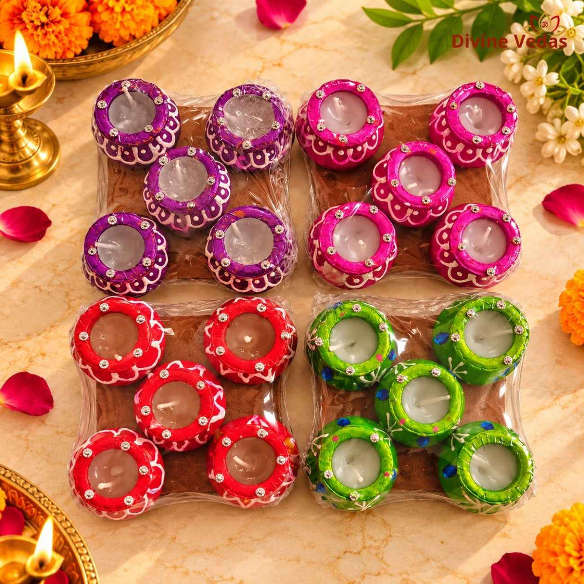Hand Painted Decorative Handi Wax Diya for Diwali & Pooja – Multicolor Designer Diyas
