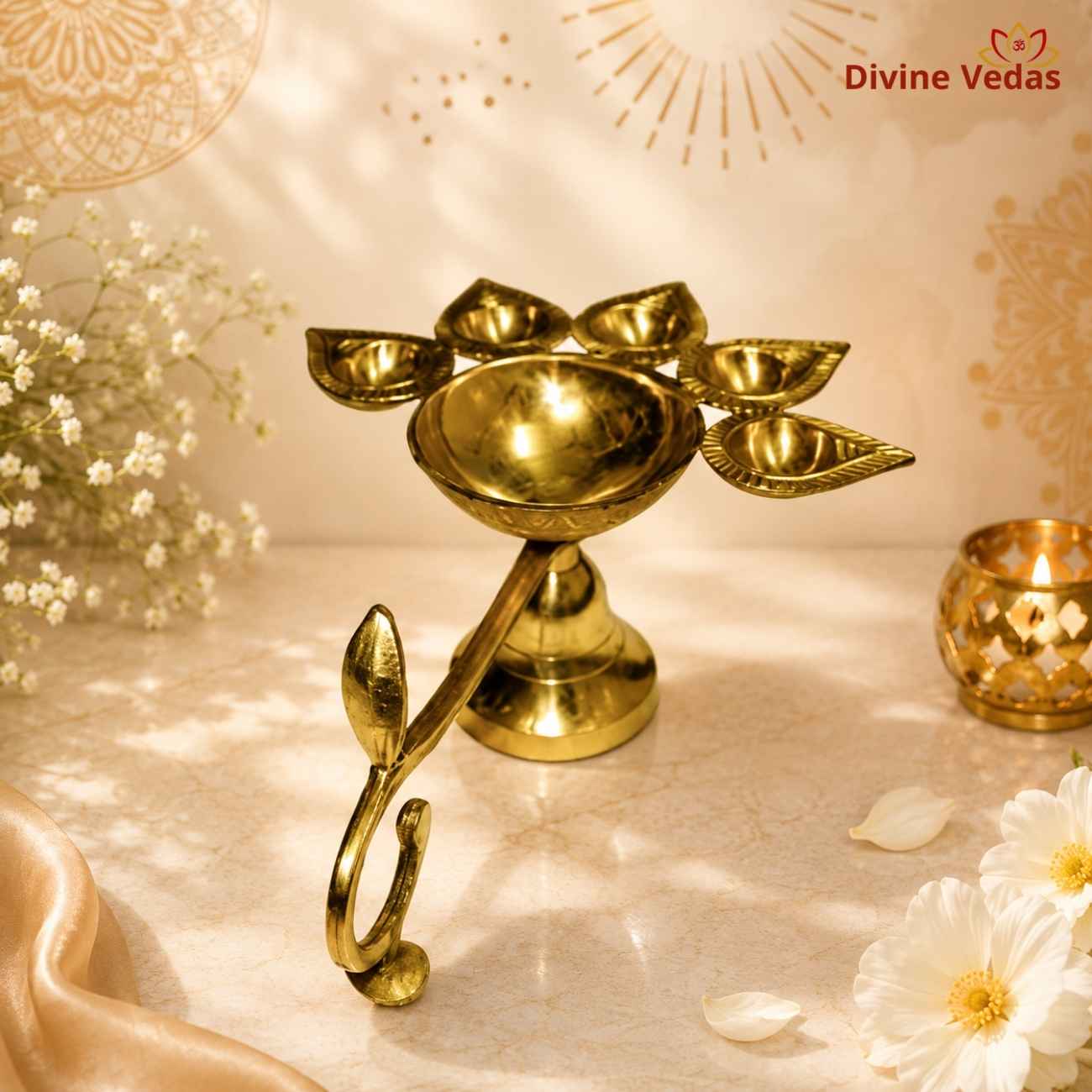 Traditional Brass Panch Aarti Diya | 5 Wick Pooja Deepak | Divine Vedas