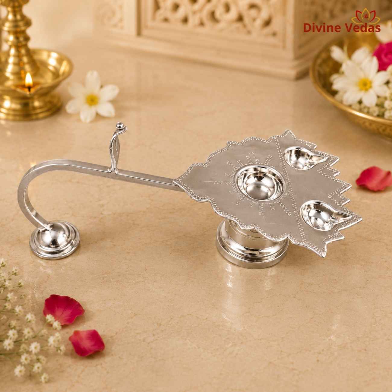 Traditional Lotus Aarti Diya with Handle in Silver | Silver Pooja Deepak | Divine Vedas