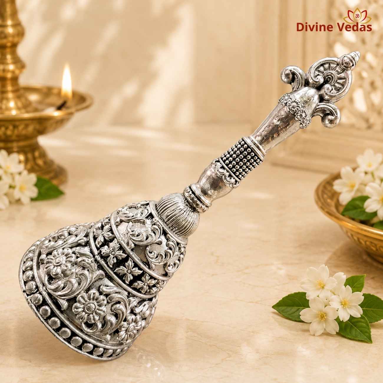 Designer Hand Bell Ghanti in Silver 220g | Silver Pooja Bell for Mandir | Divine Vedas