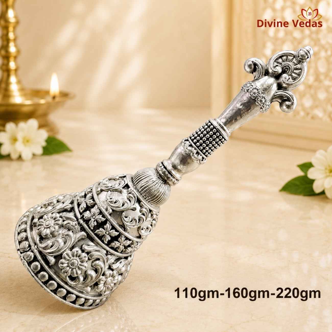 Designer Hand Bell Ghanti in Silver 220g | Silver Pooja Bell for Mandir | Divine Vedas
