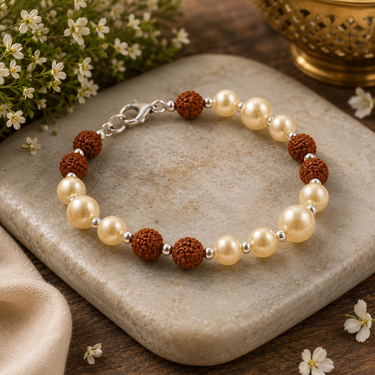 Elegant Rudraksha & Pearl Spiritual Bracelet – Handmade Divine Energy Bracelet