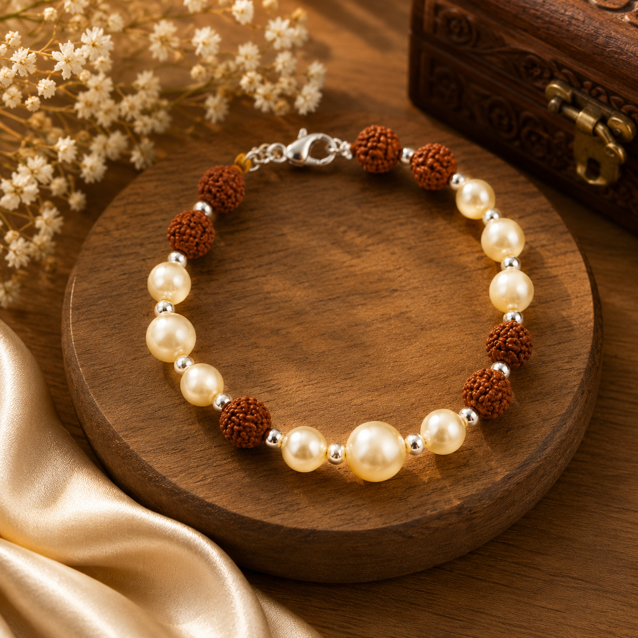 Elegant Rudraksha & Pearl Spiritual Bracelet – Handmade Divine Energy Bracelet