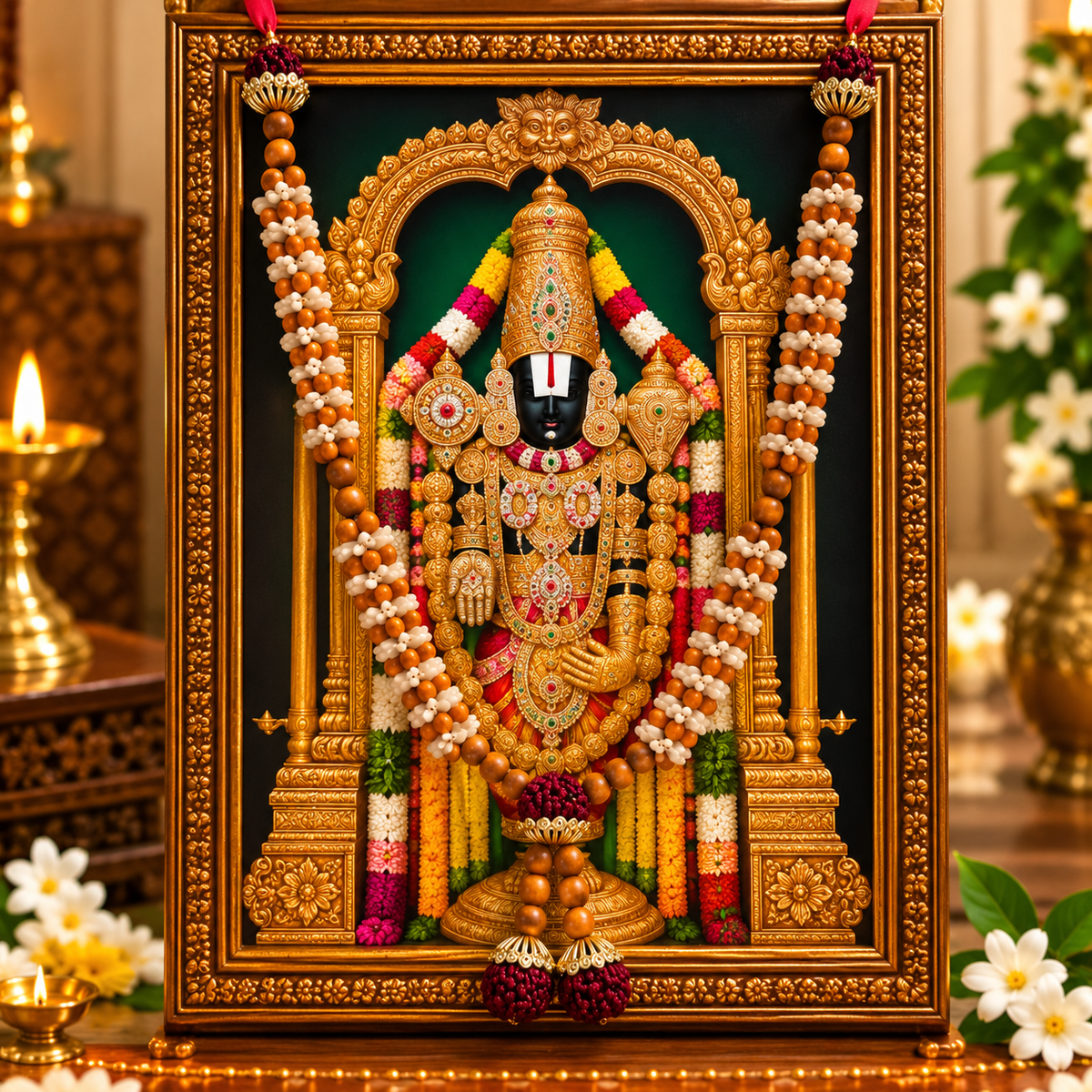 Artificial Flower Mala for Photo Frames | Decorative Beaded Garland for God Photos, Home Mandir & Pooja Decoration