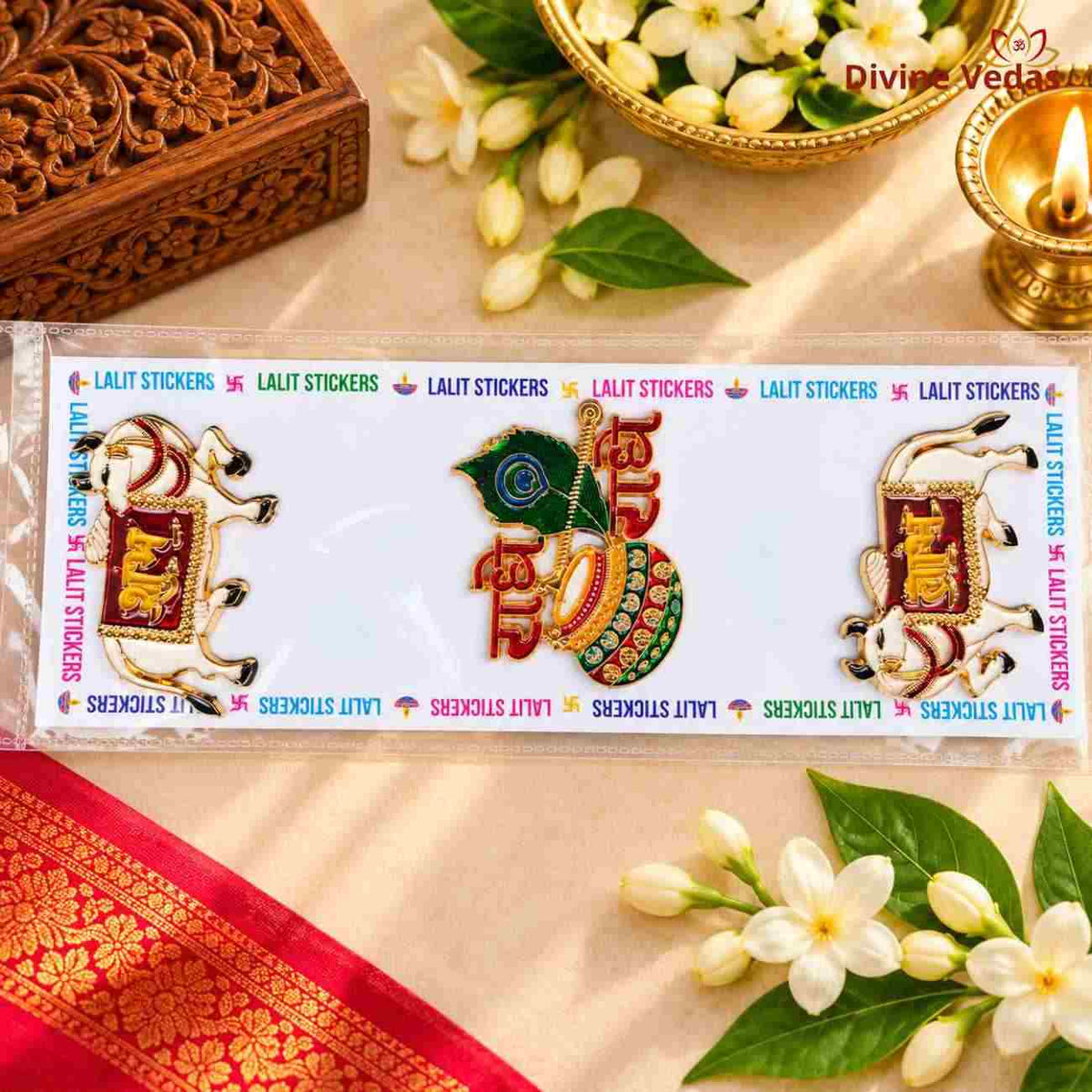 Shubh Labh Cow Door Sticker with Kalash & Peacock Feather – Gau Mata Auspicious Sticker for Home, Mandir & Shop