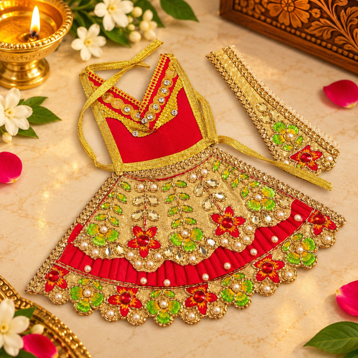 Premium Red & Golden Devi Mata Dress with Floral Embroidery, Pearl & Stone Work | Designer Mata Rani Poshak for Pooja & Festivals